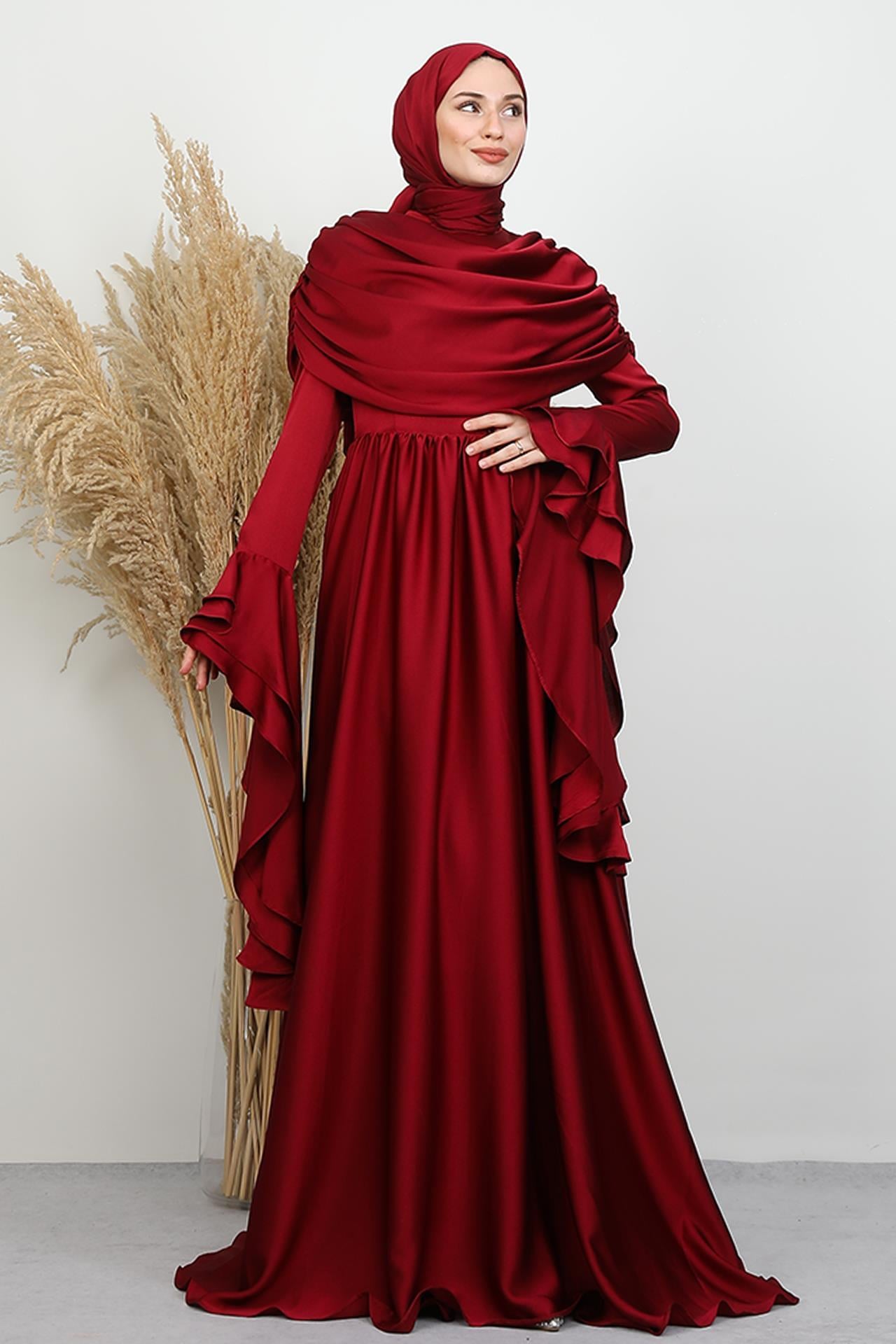 Rozalin Saten Abiye Bordo