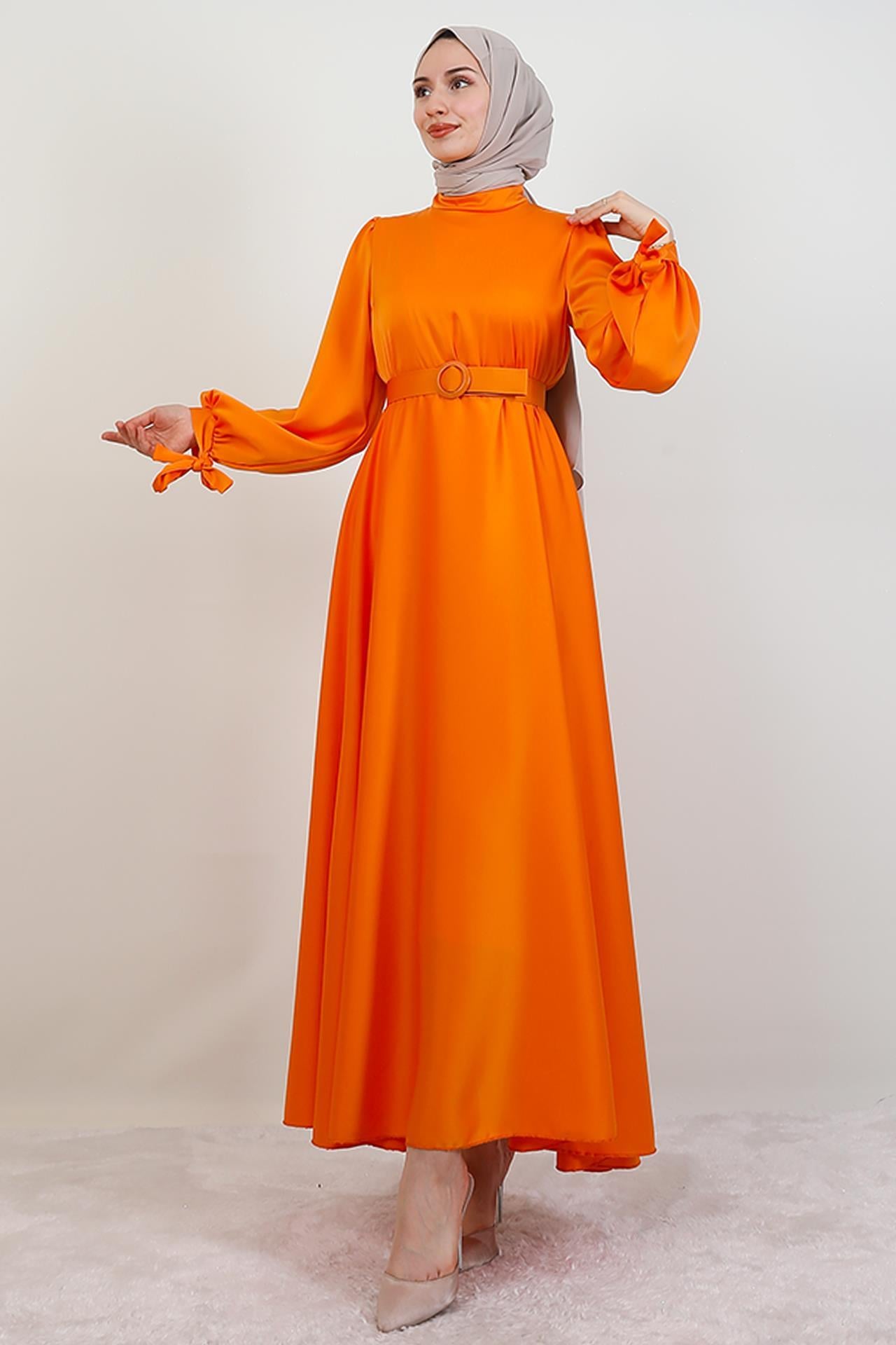 Saten Kemerli Elbise Orange