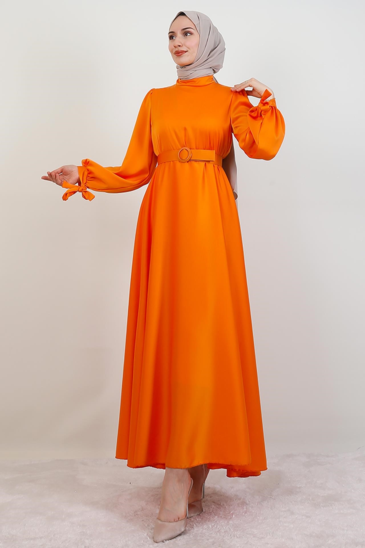 Saten Kemerli Elbise Orange
