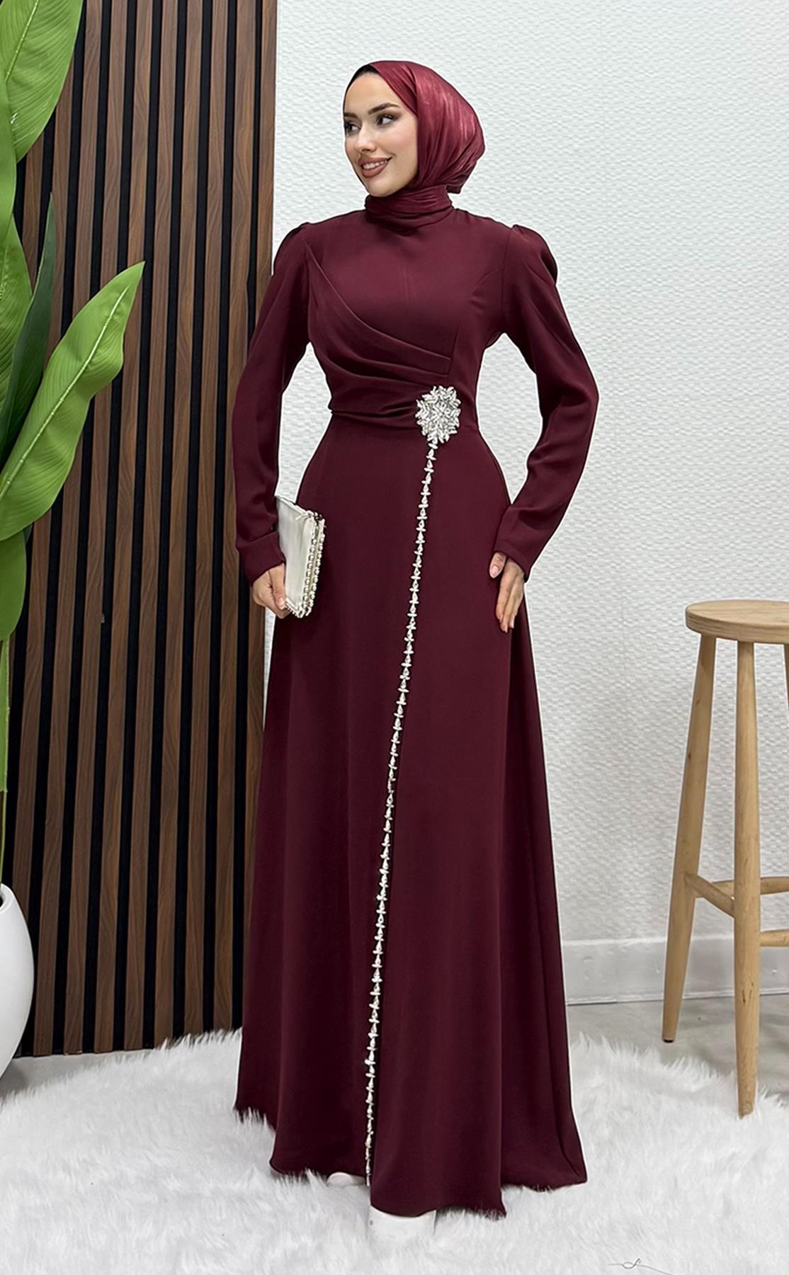 Şerit Taş Krep Abiye Bordo