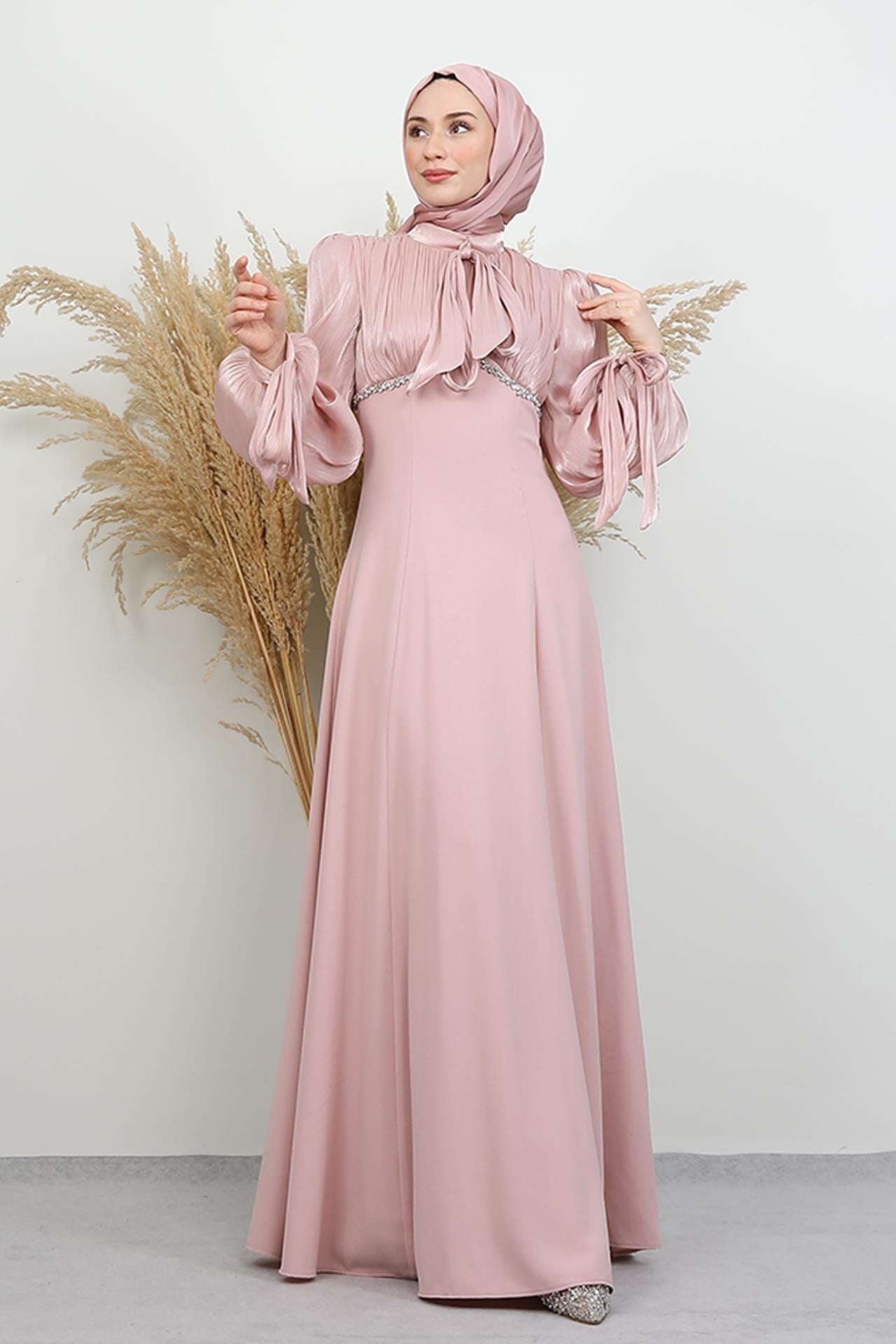 Tan Taş Detay Abiye Soft Pembe