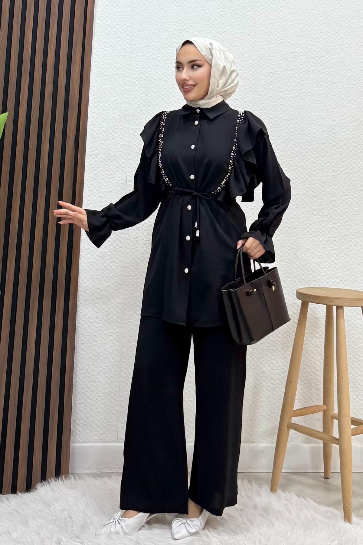 Taşlı Linda Takım Siyah