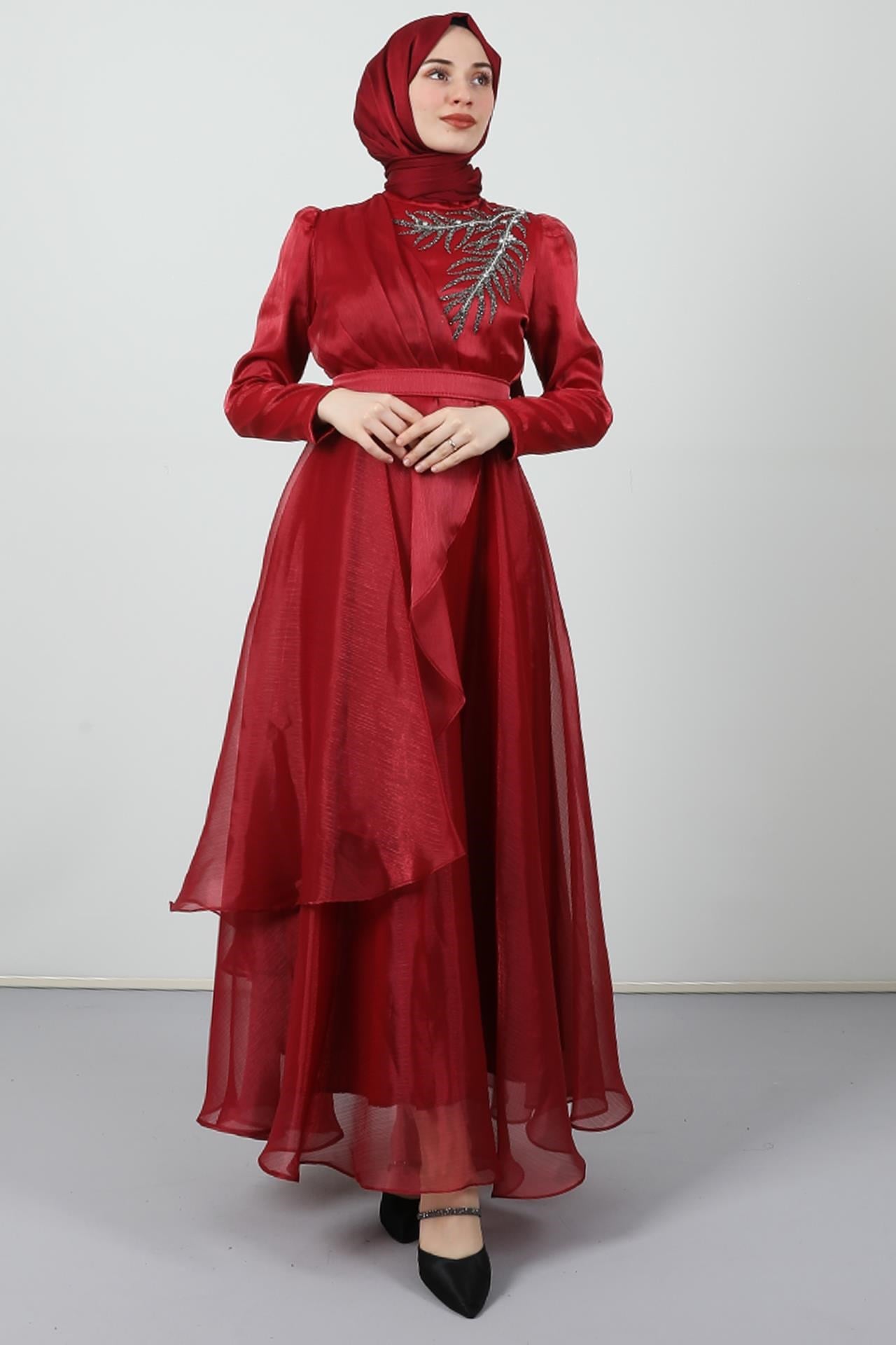 Taşlı Organze Abiye Bordo