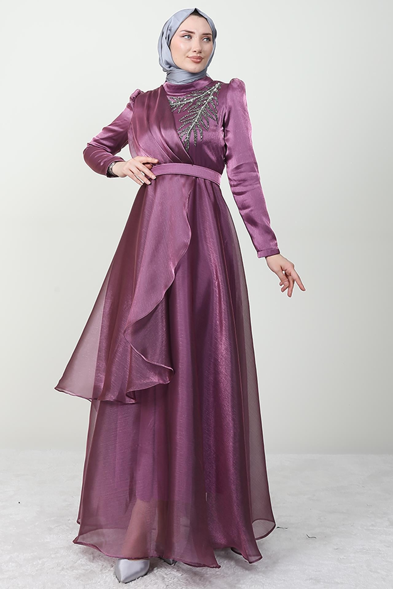 Taşlı Organze Abiye Eflatun