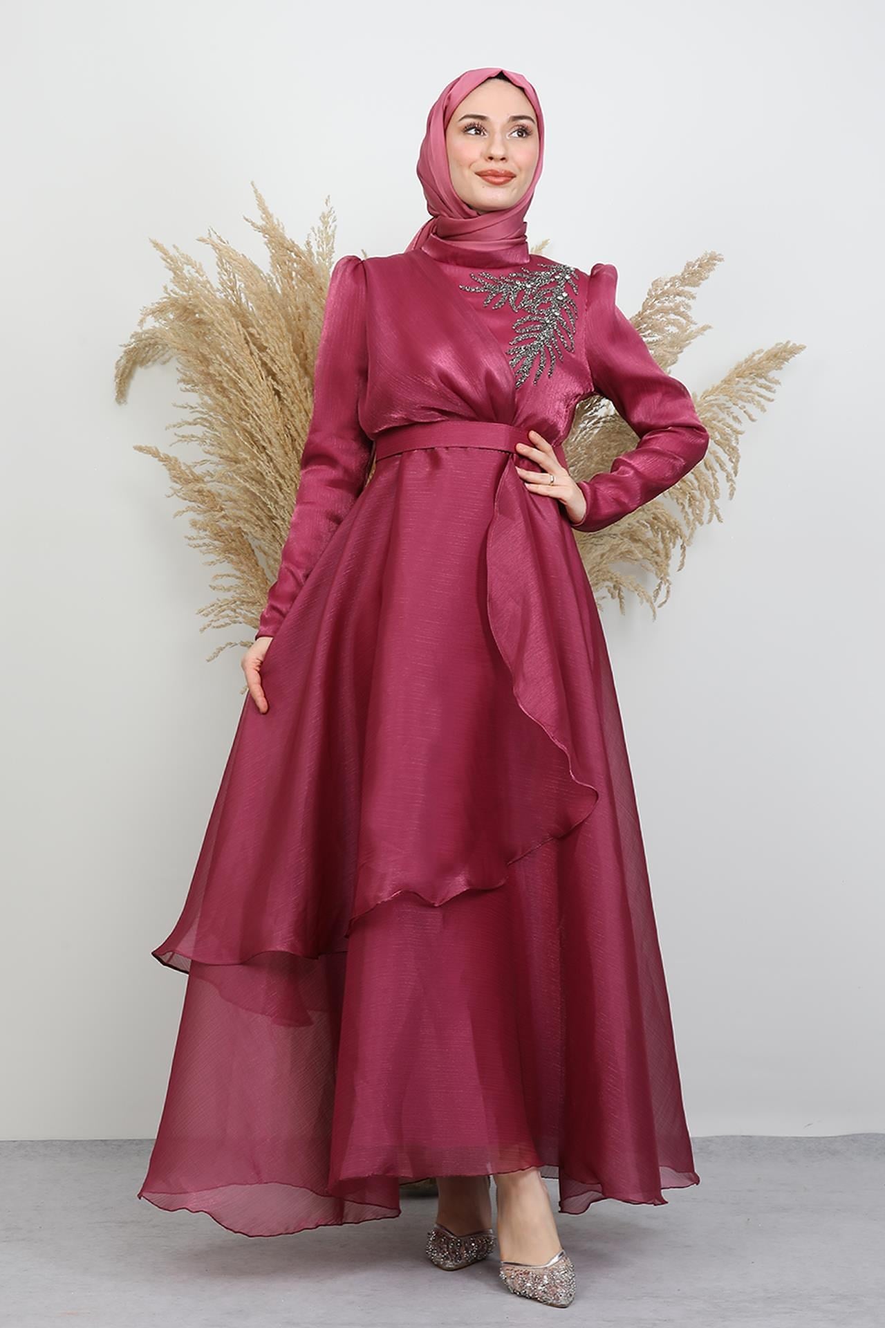 Taşlı Organze Abiye Koyu Pembe