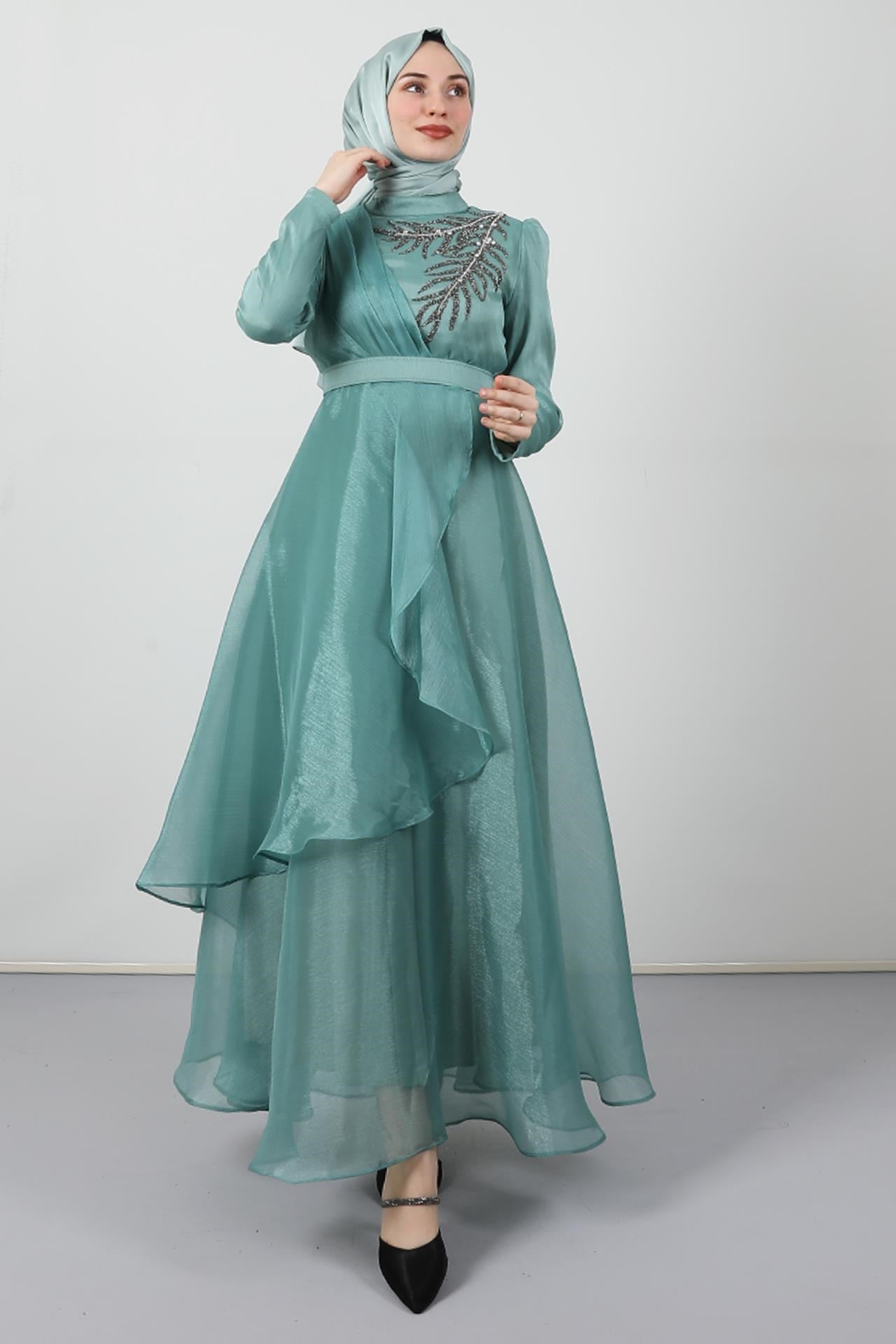 Taşlı Organze Abiye Mint