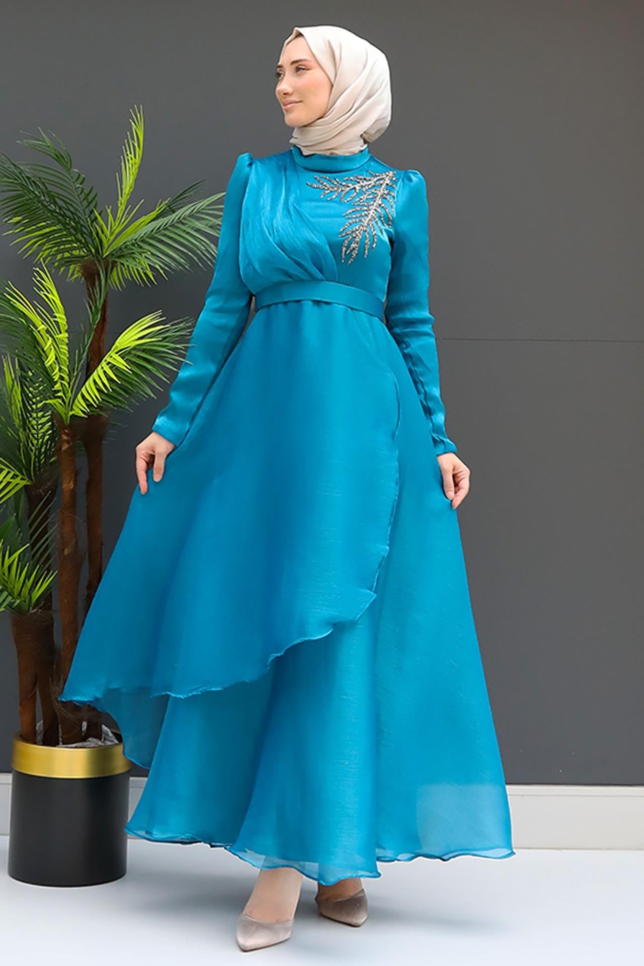 Taşlı Organze Abiye Petrol