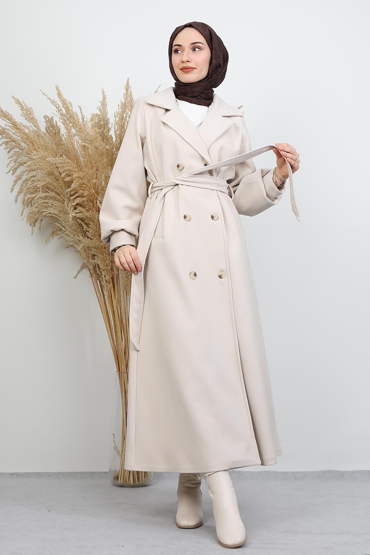 Uzun 6 Düğmeli Kaban Krem