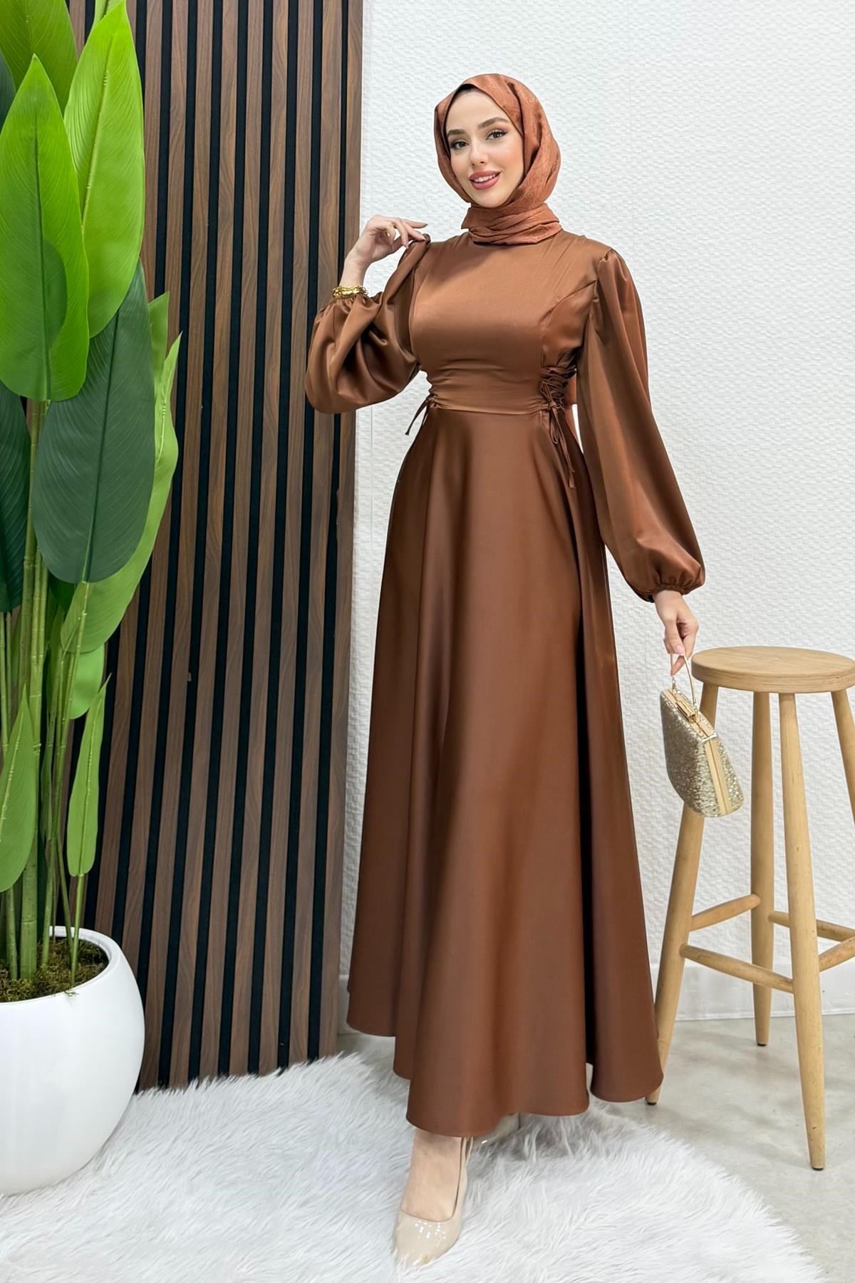 Yandan Bağcıklı Kloş Elbise Kahve