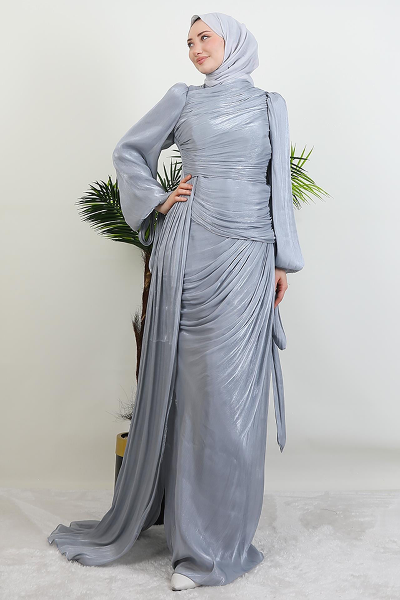 Afra İpek Abiye Gri