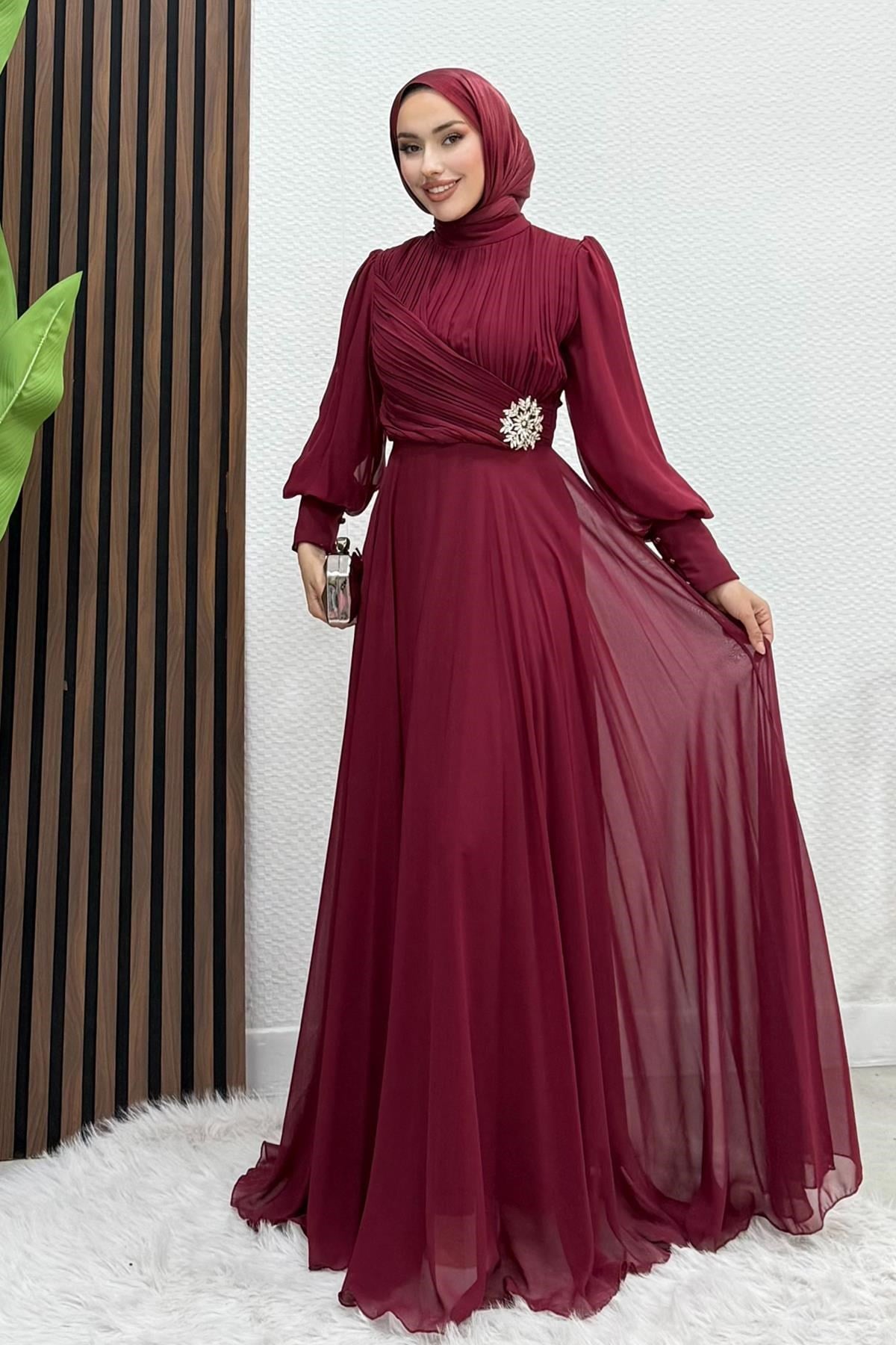 Aksu Şifon Abiye Bordo