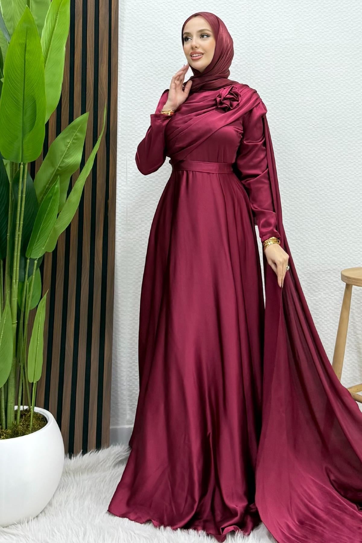 Alaz Saten Gül Abiye Bordo