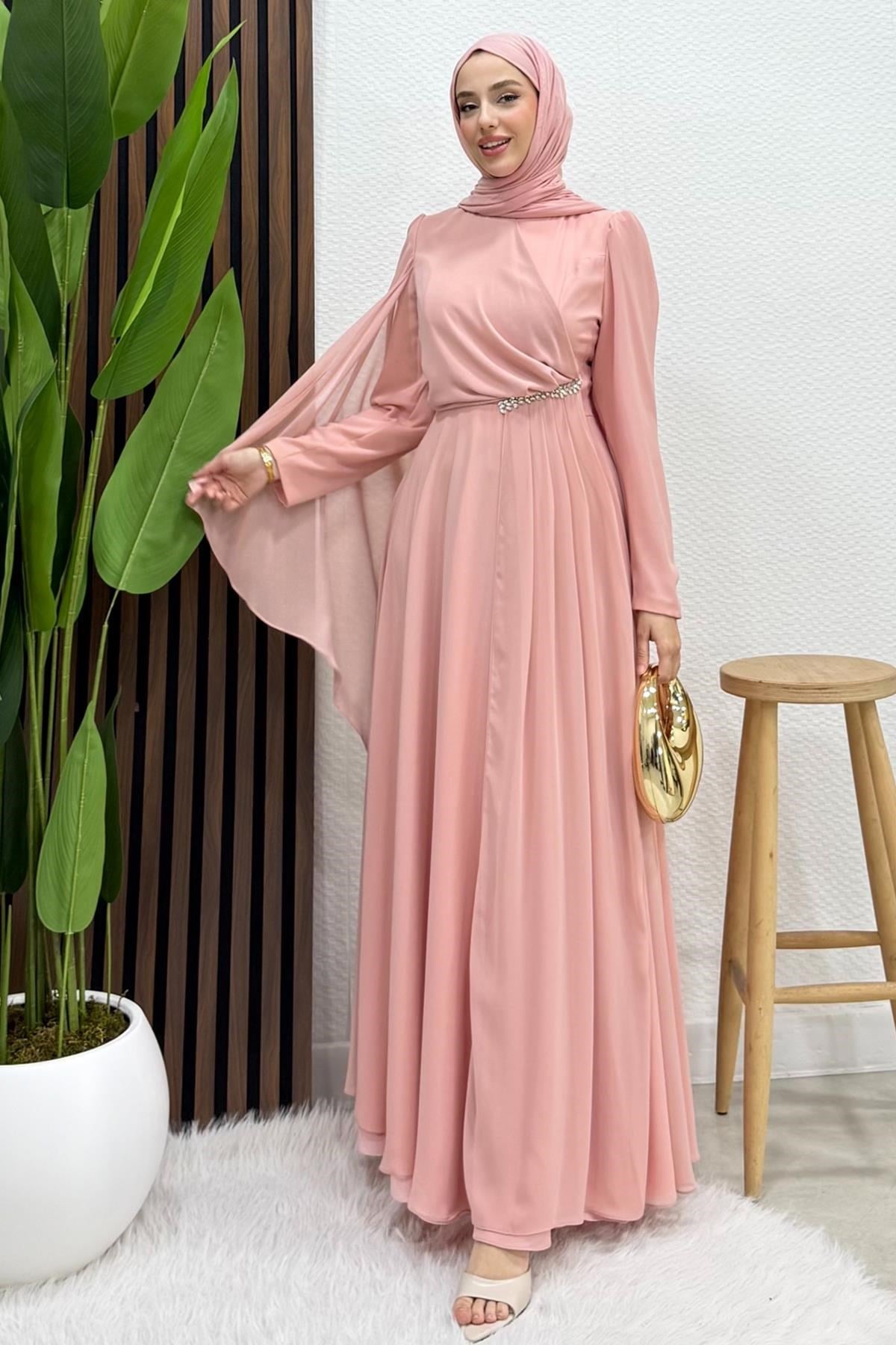 Ay Pelerin Şifon Abiye Soft Pembe
