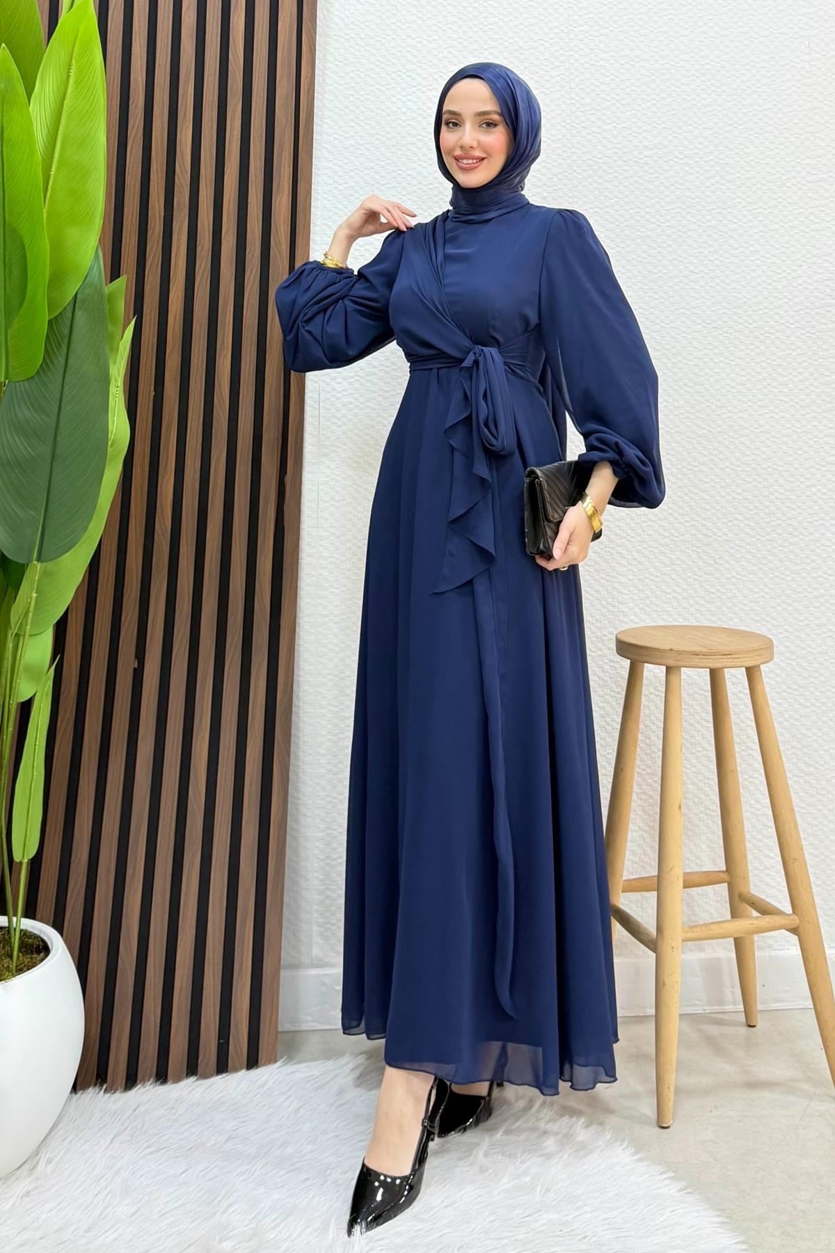 Bağlama Detay Şifon Elbise Lacivert