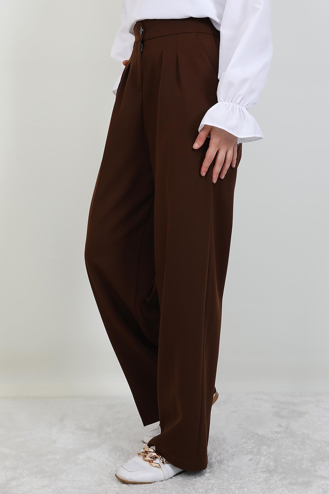 Beli Lastikli Düğmeli Pantolon Kahve
