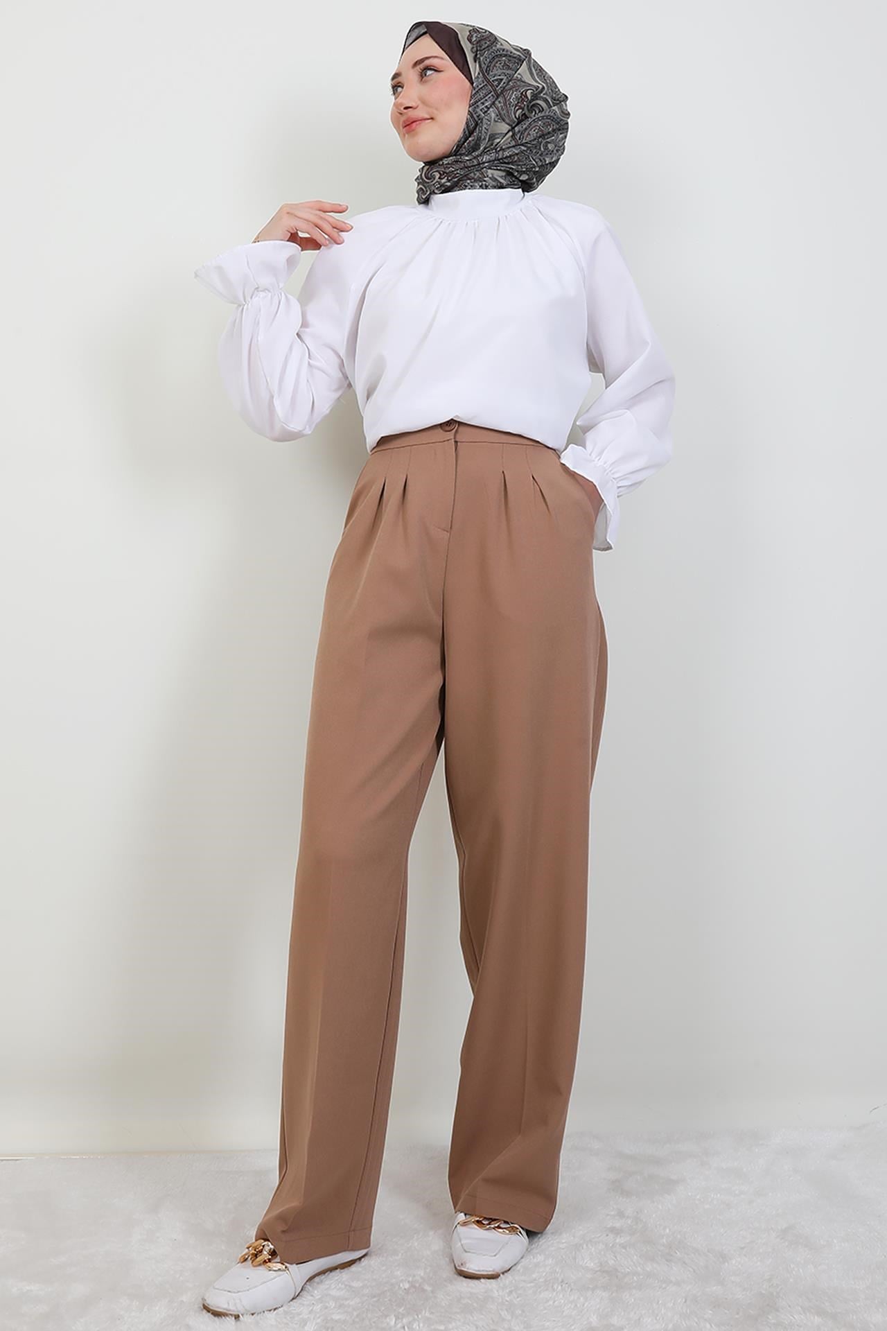 Beli Lastikli Düğmeli Pantolon Sütlükahve