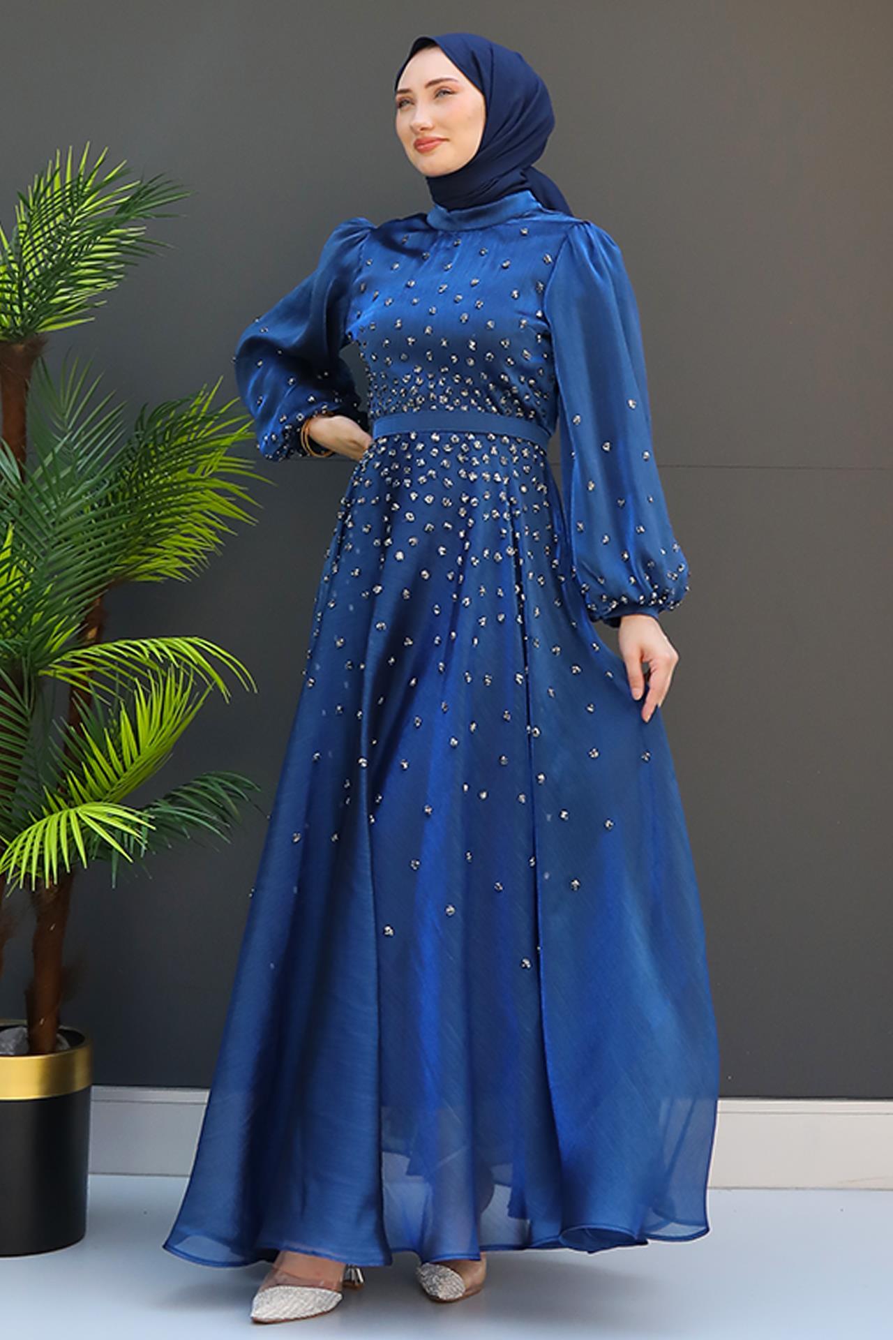 Rob Hijab Simple Benek Taşlı Abiye Lacivert