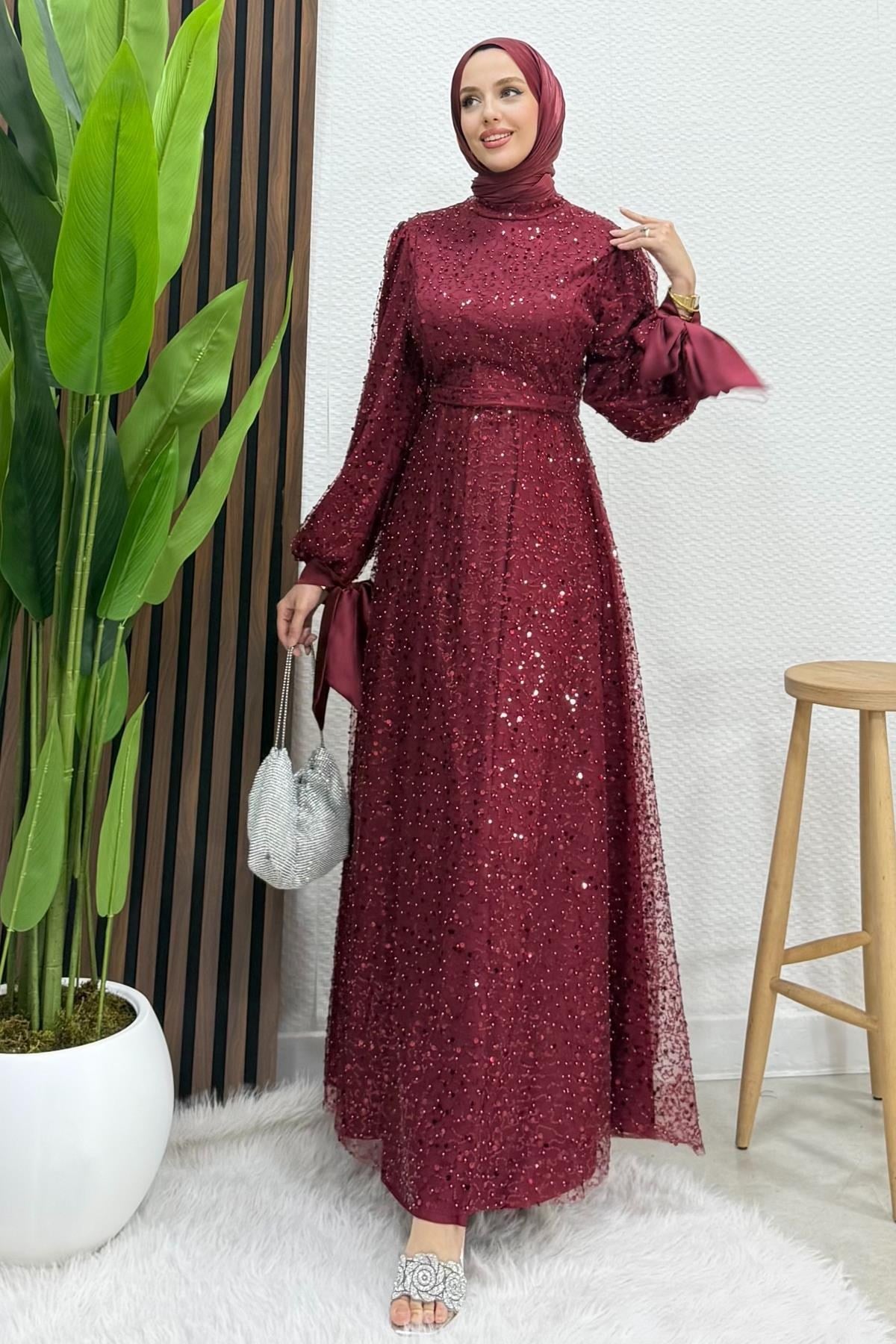 Betül Tesettür Abiye Bordo