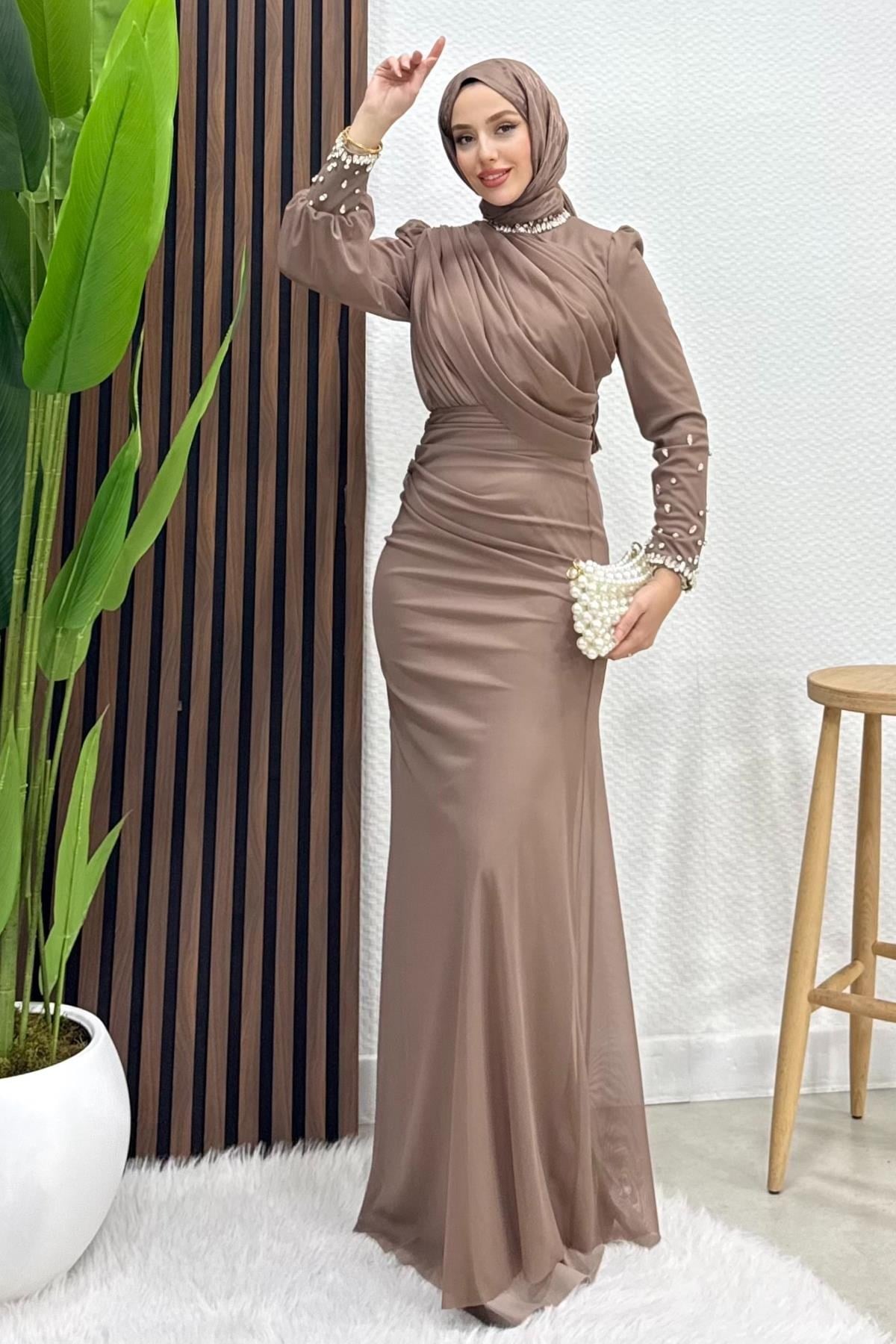Birsen Taşlı Tül Abiye Gül Kahve