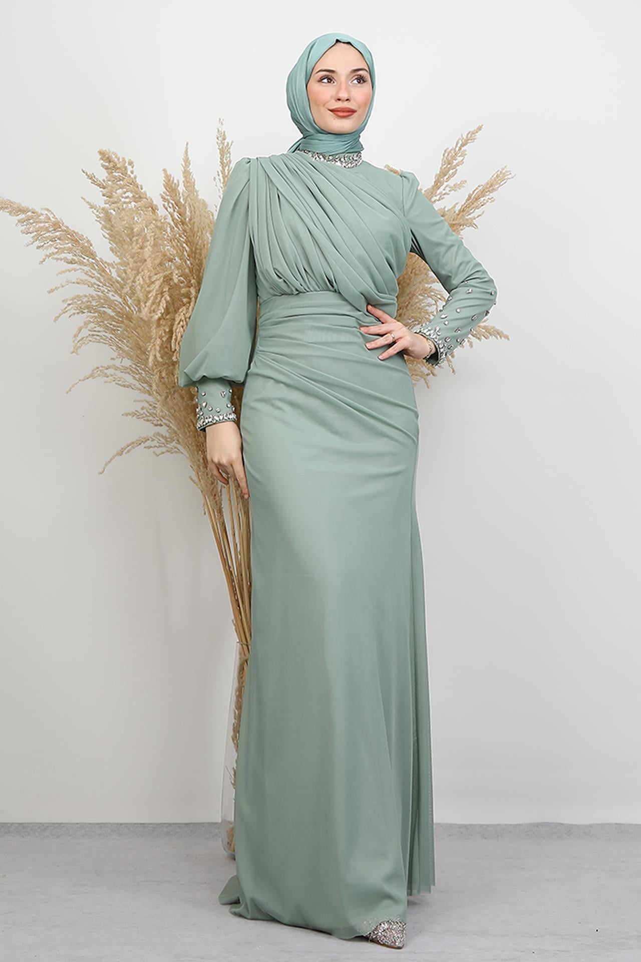 Birsen Taşlı Tül Abiye Mint