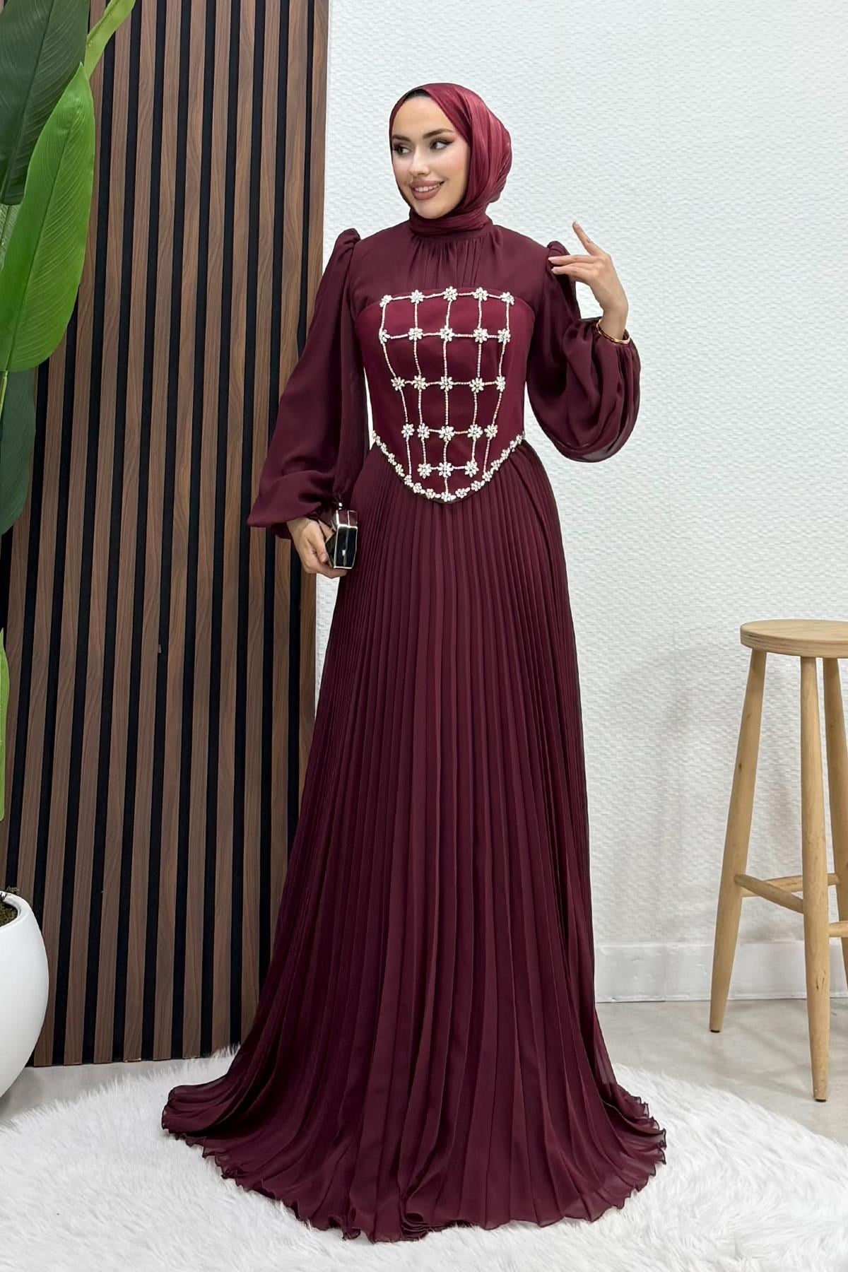 Çiçek Korse Detay Abiye Bordo