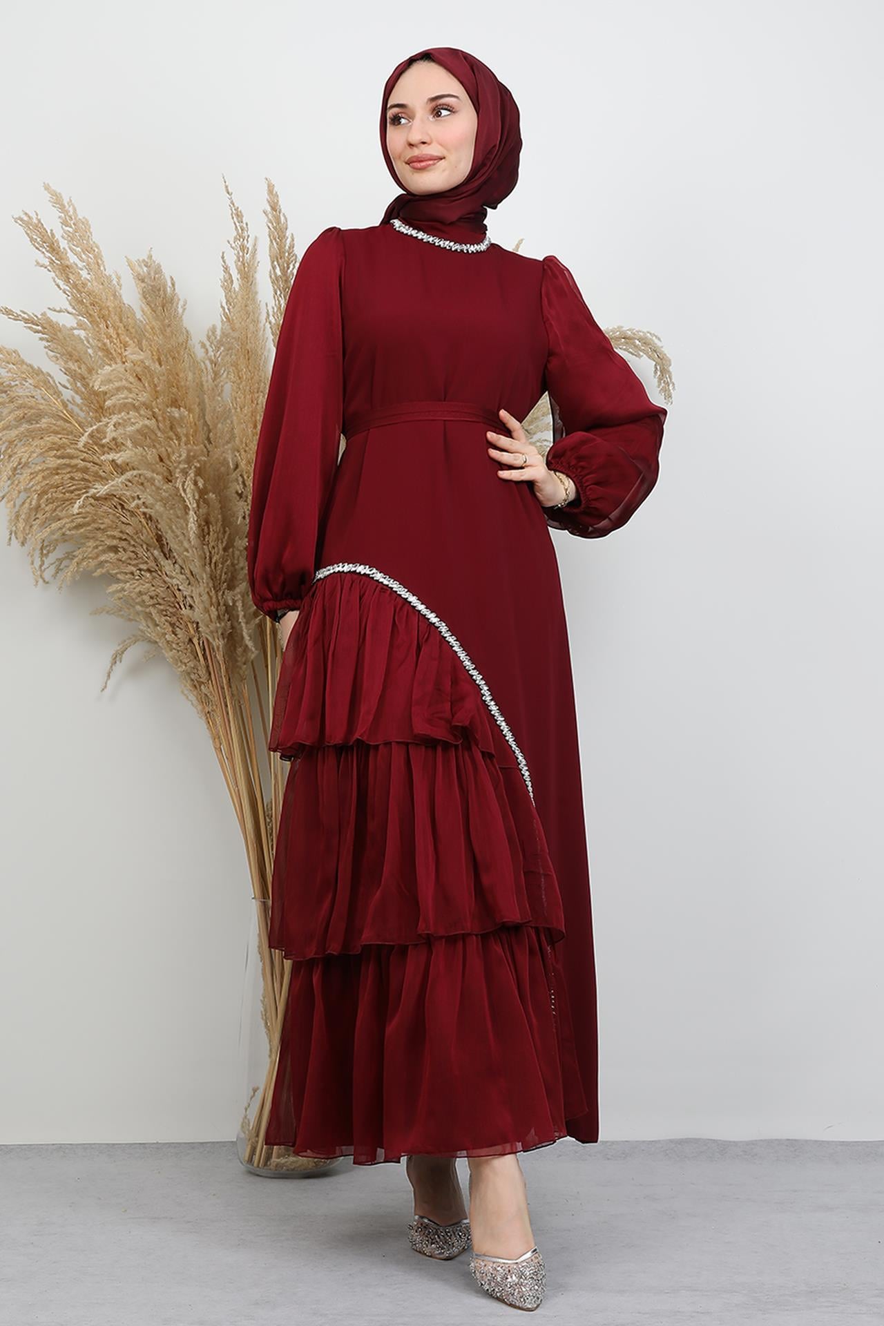 Damla Taş Abiye Bordo