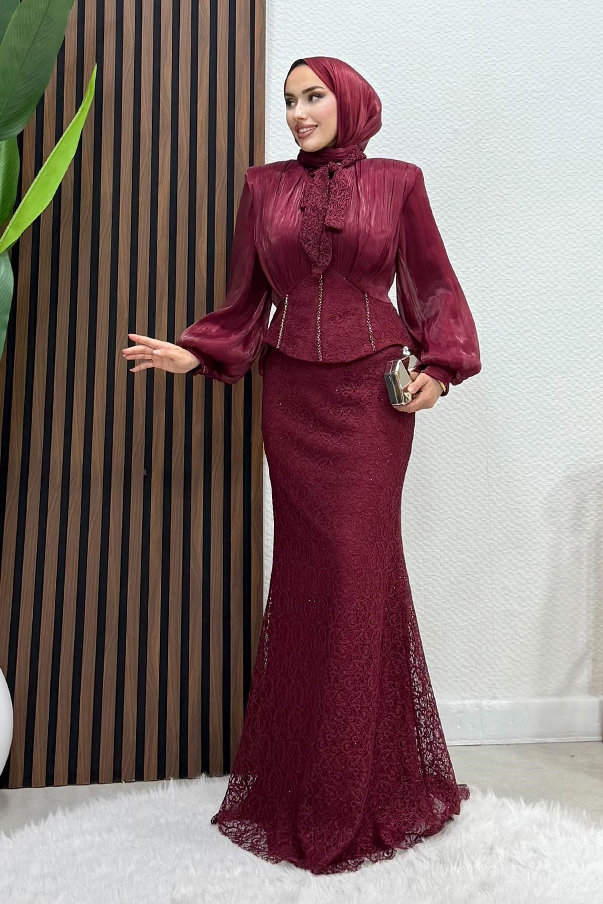 Dantel Balık Abiye Bordo