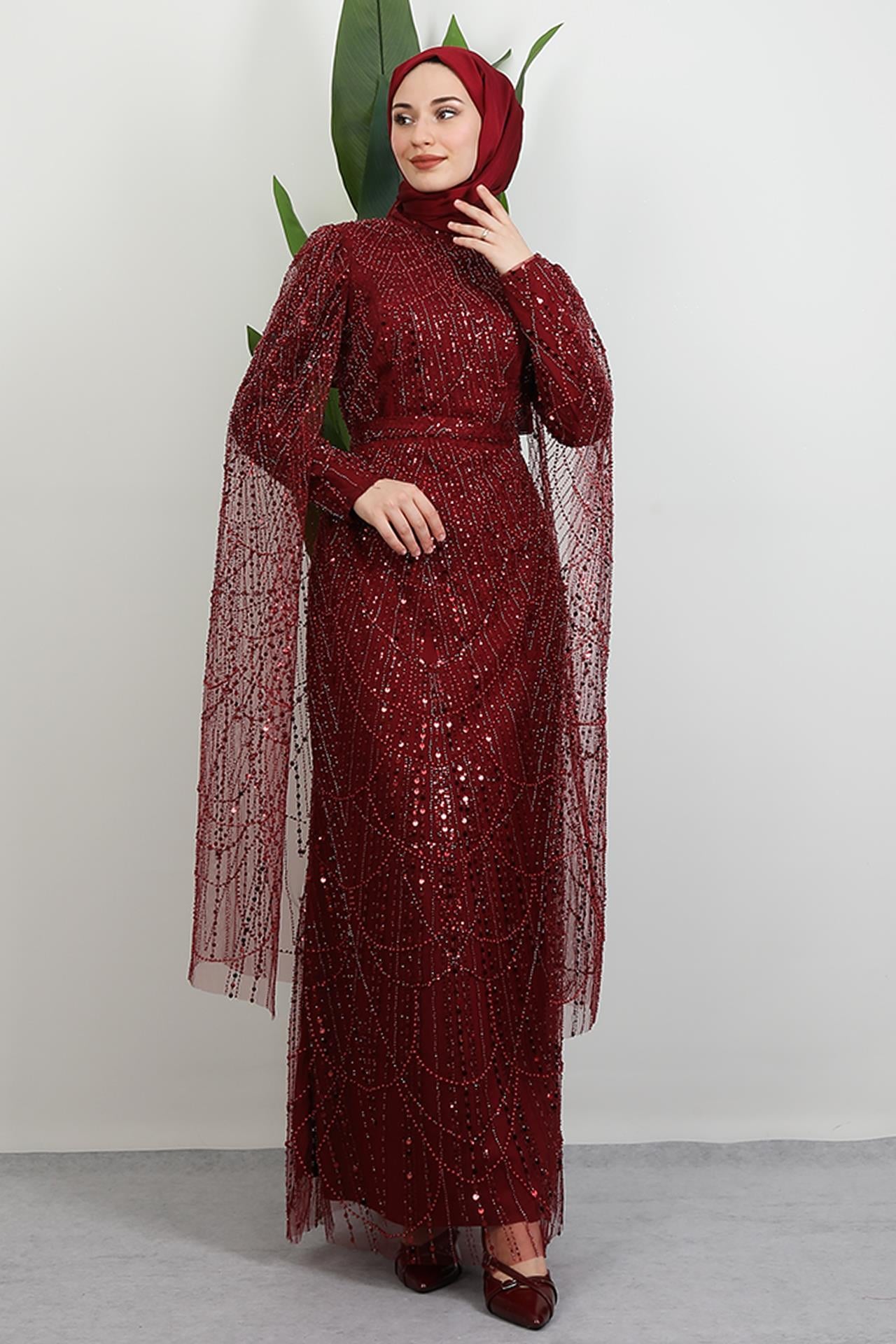 Duru Taşlı Abiye Bordo