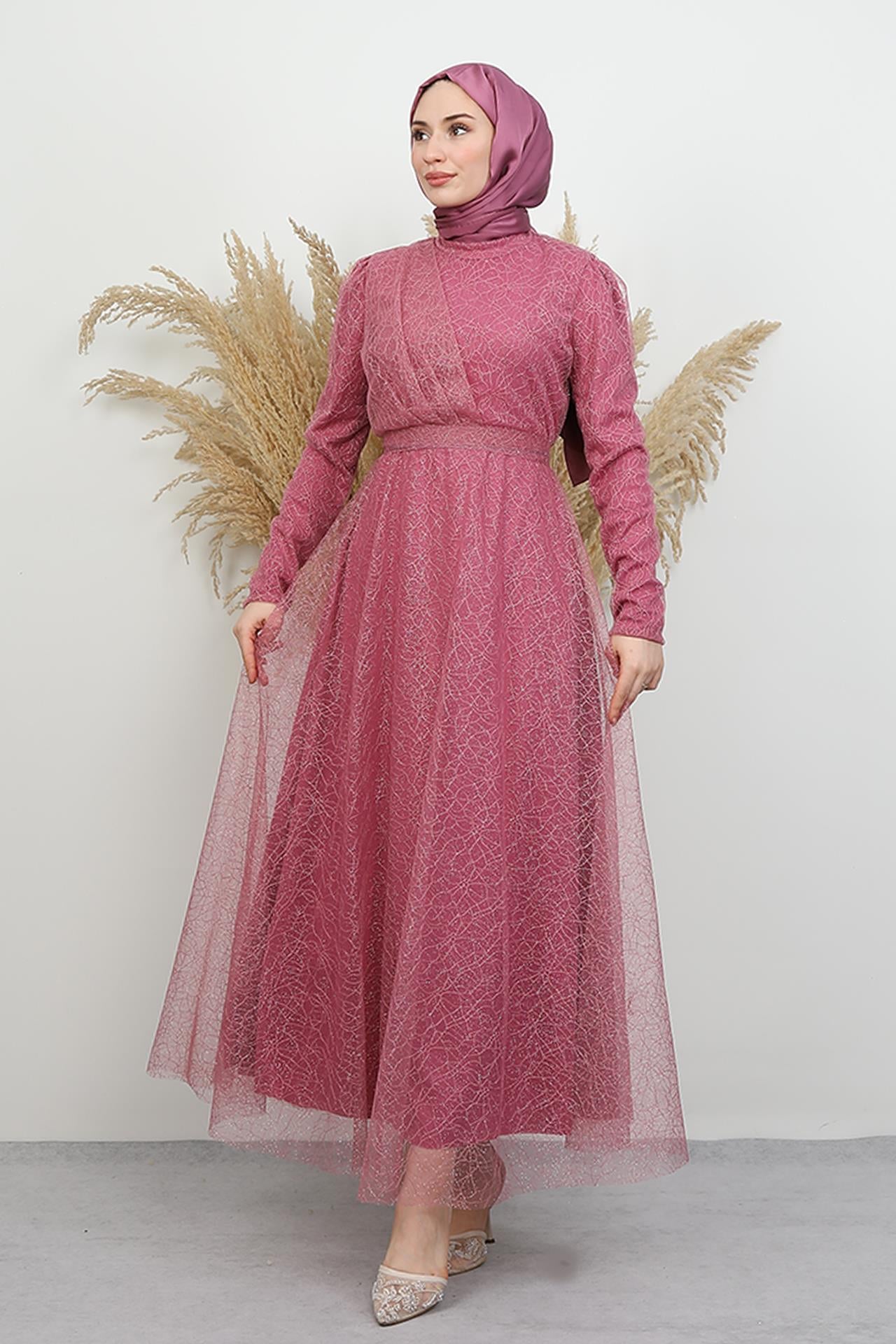 Düş Simli Abiye Koyu Pembe