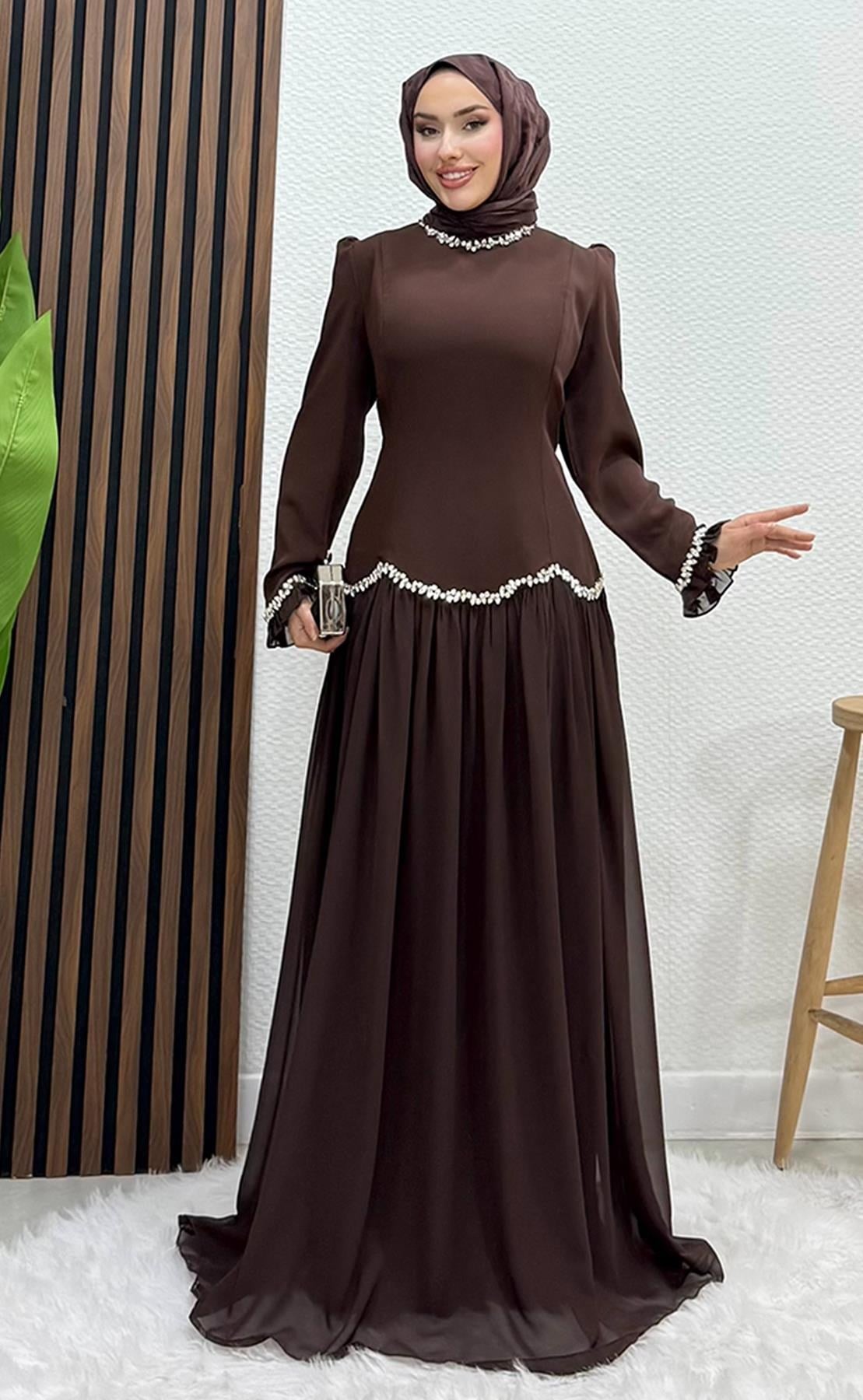 Eftalya Sırt Detay Abiye Acı Kahve