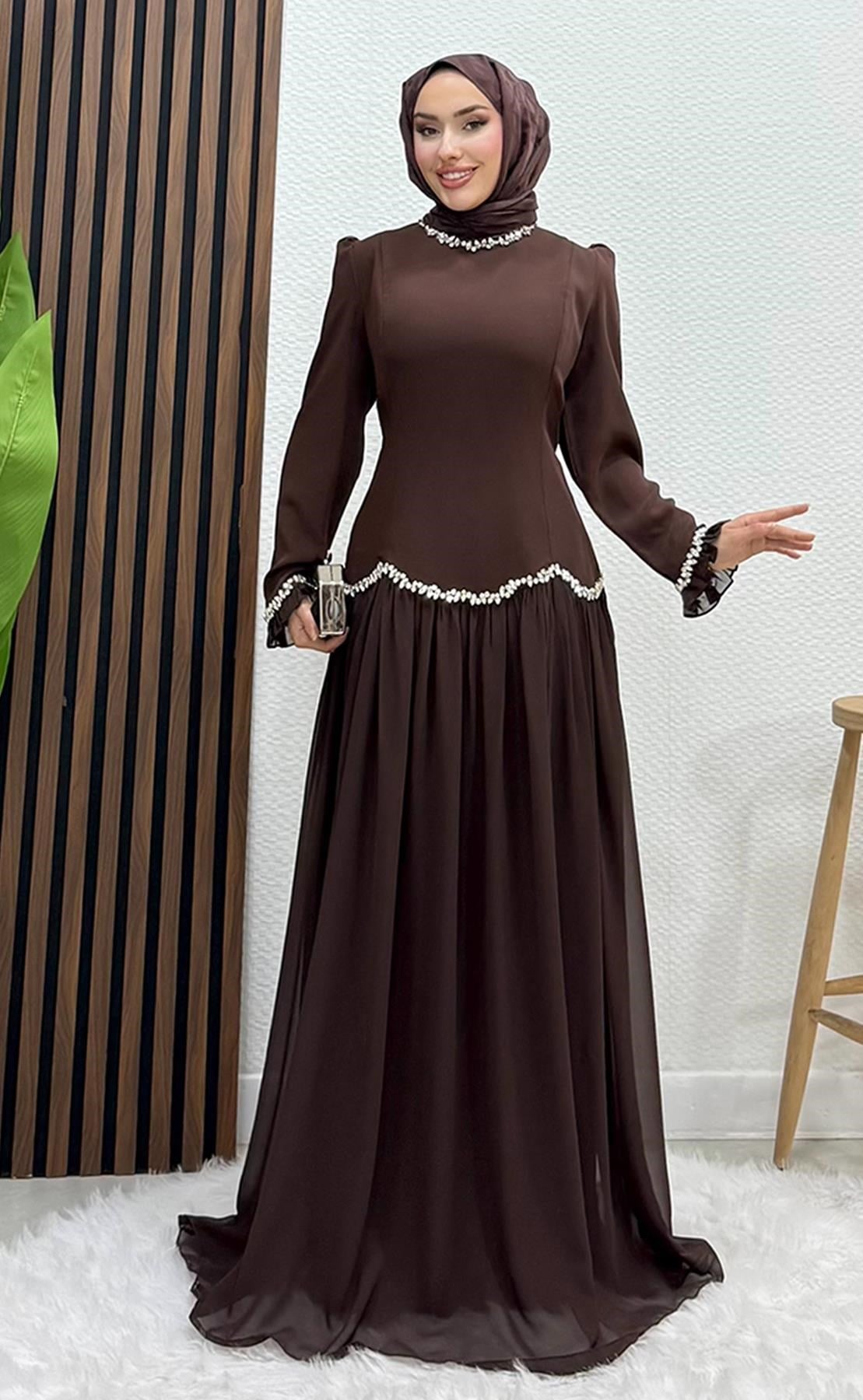 Eftalya Sırt Detay Abiye Acı Kahve