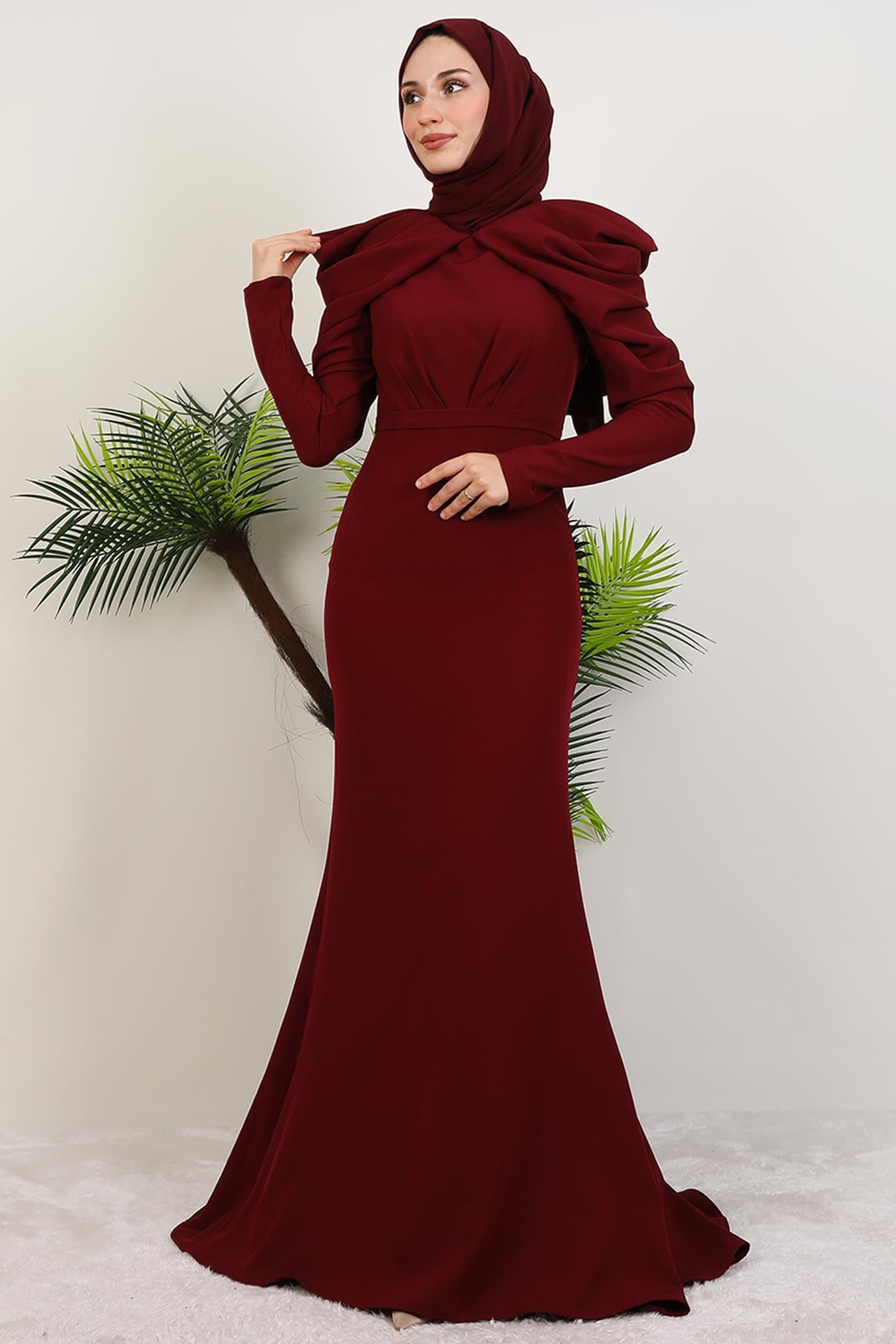 Elena Omuz Detay Abiye Bordo