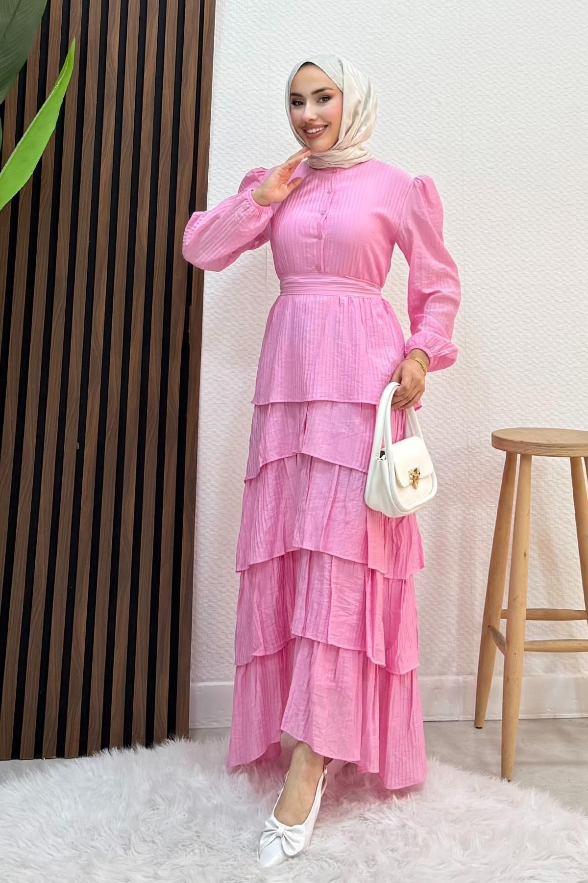 Fırfır Keten Elbise Pembe