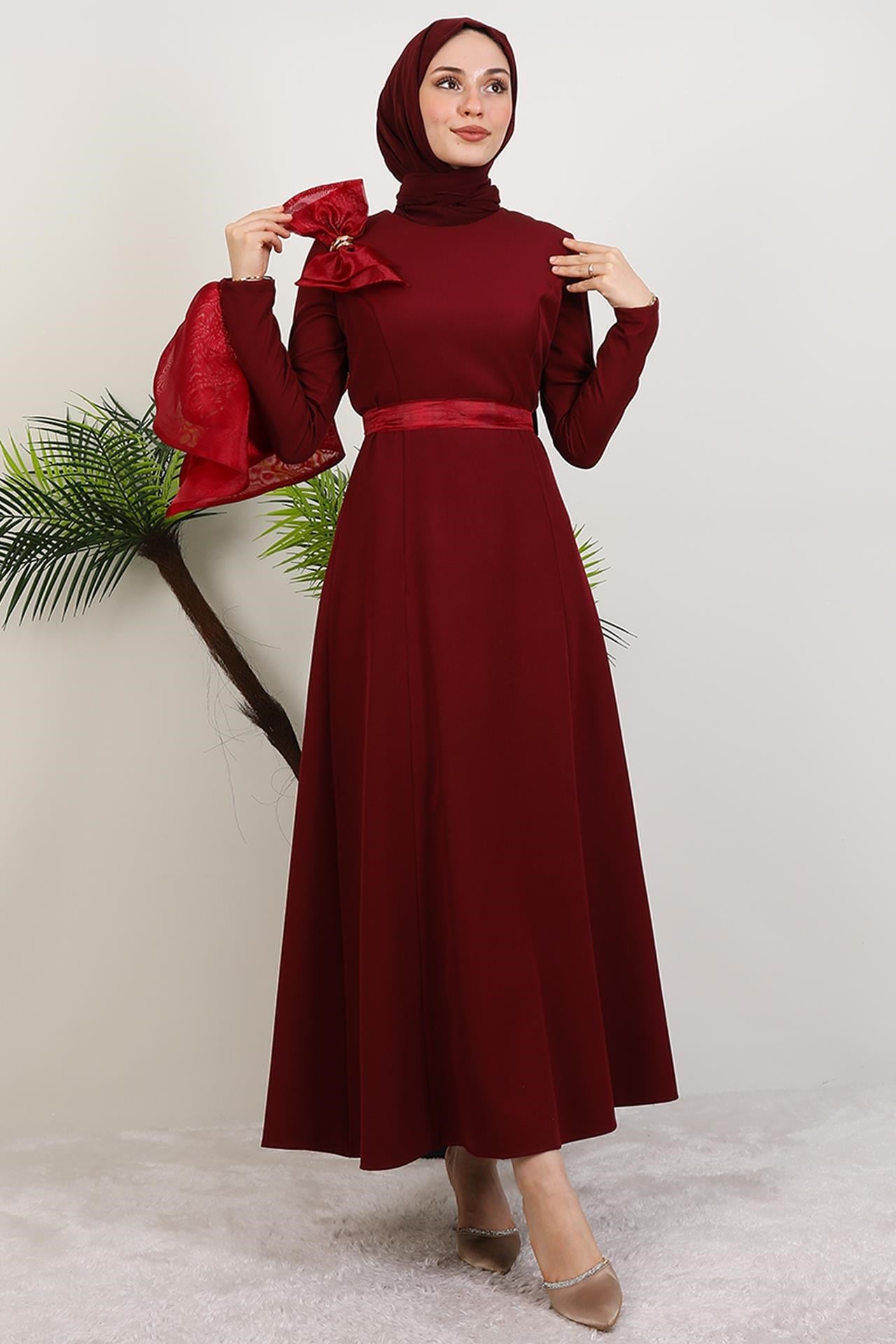 Fiyonk Organze Detay Abiye Bordo