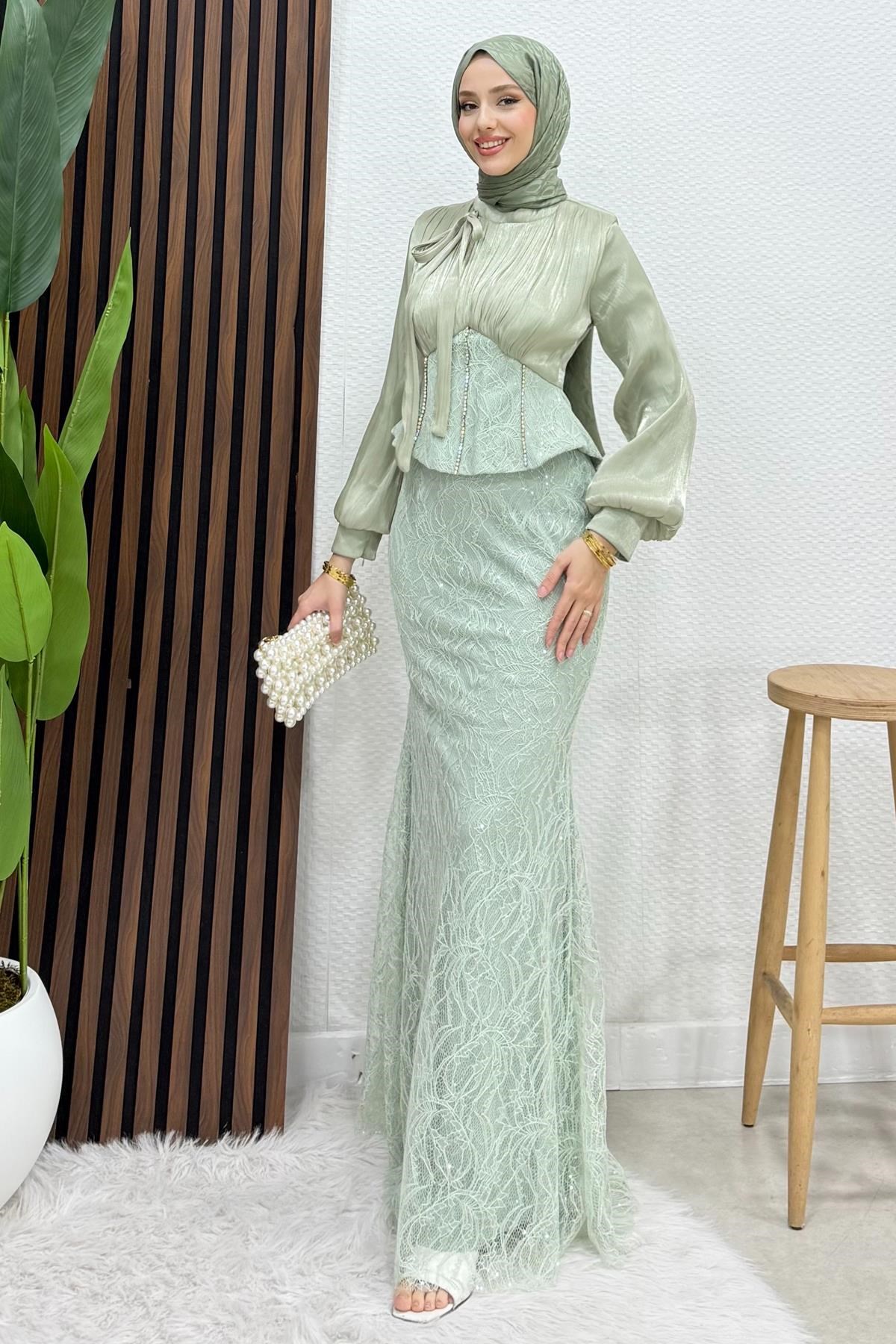 Flarlı Balık Abiye Mint