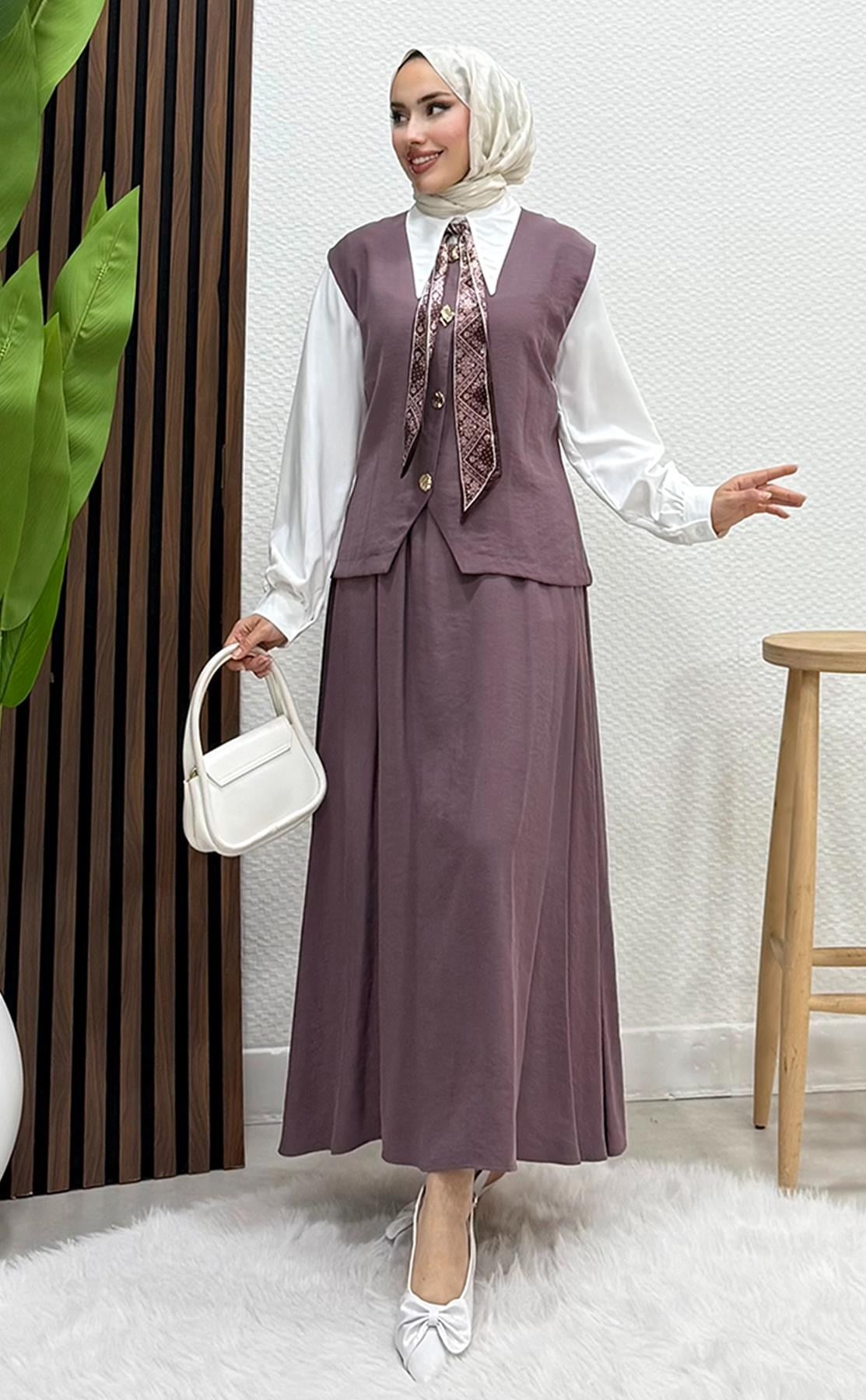 Fularlı Üçlü Takım Gül Kurusu