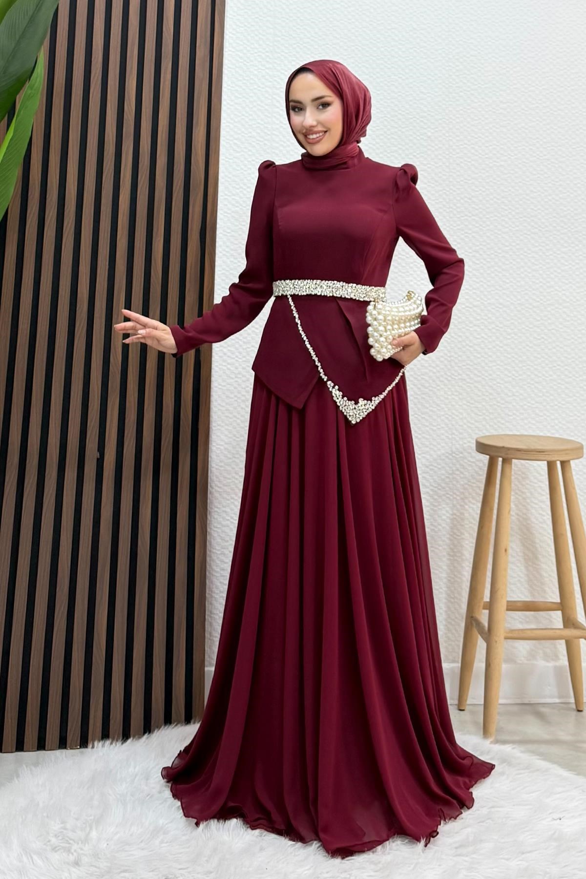 Gelincik Şifon Abiye Bordo