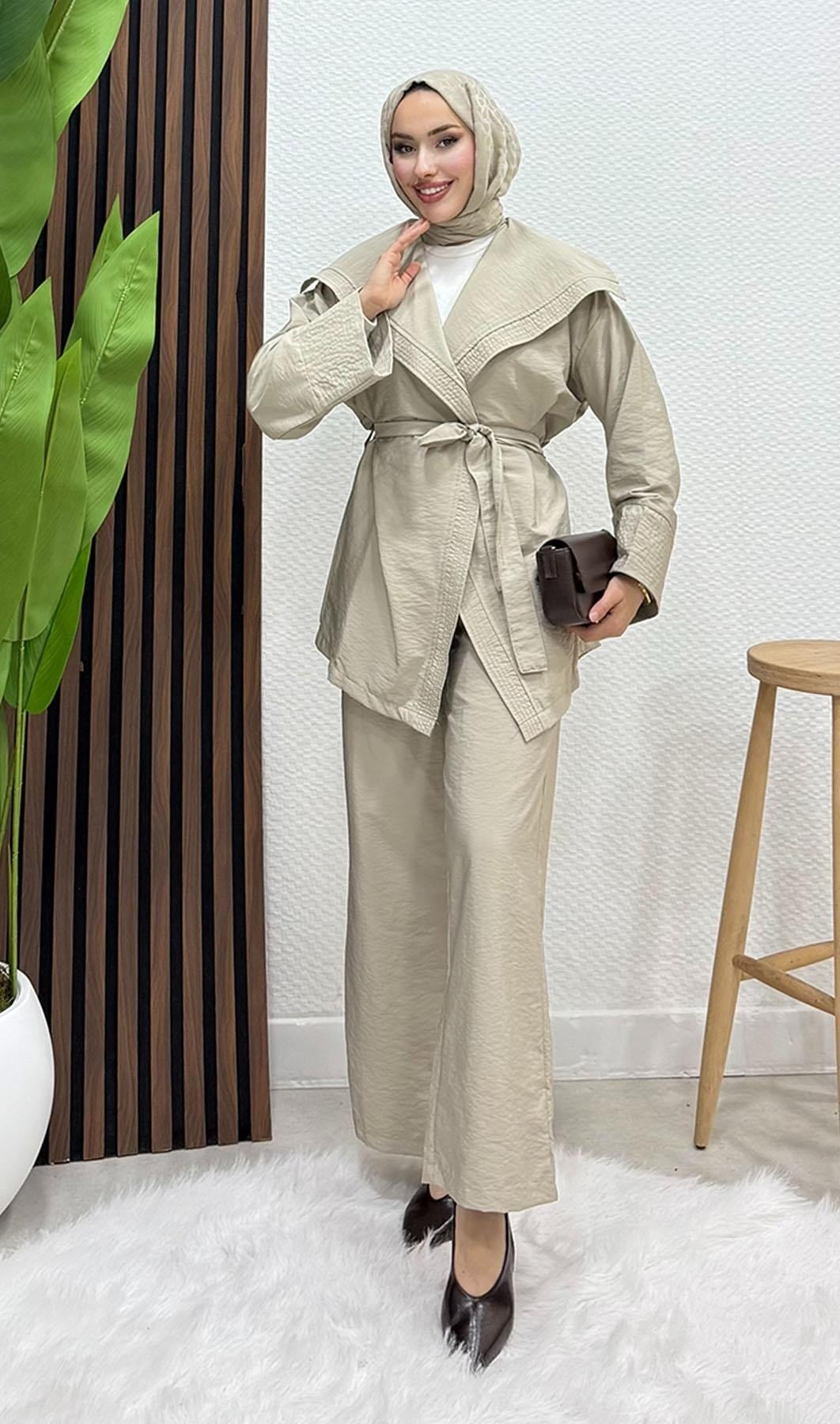 Geniş Yaka Kimono Takım Bej