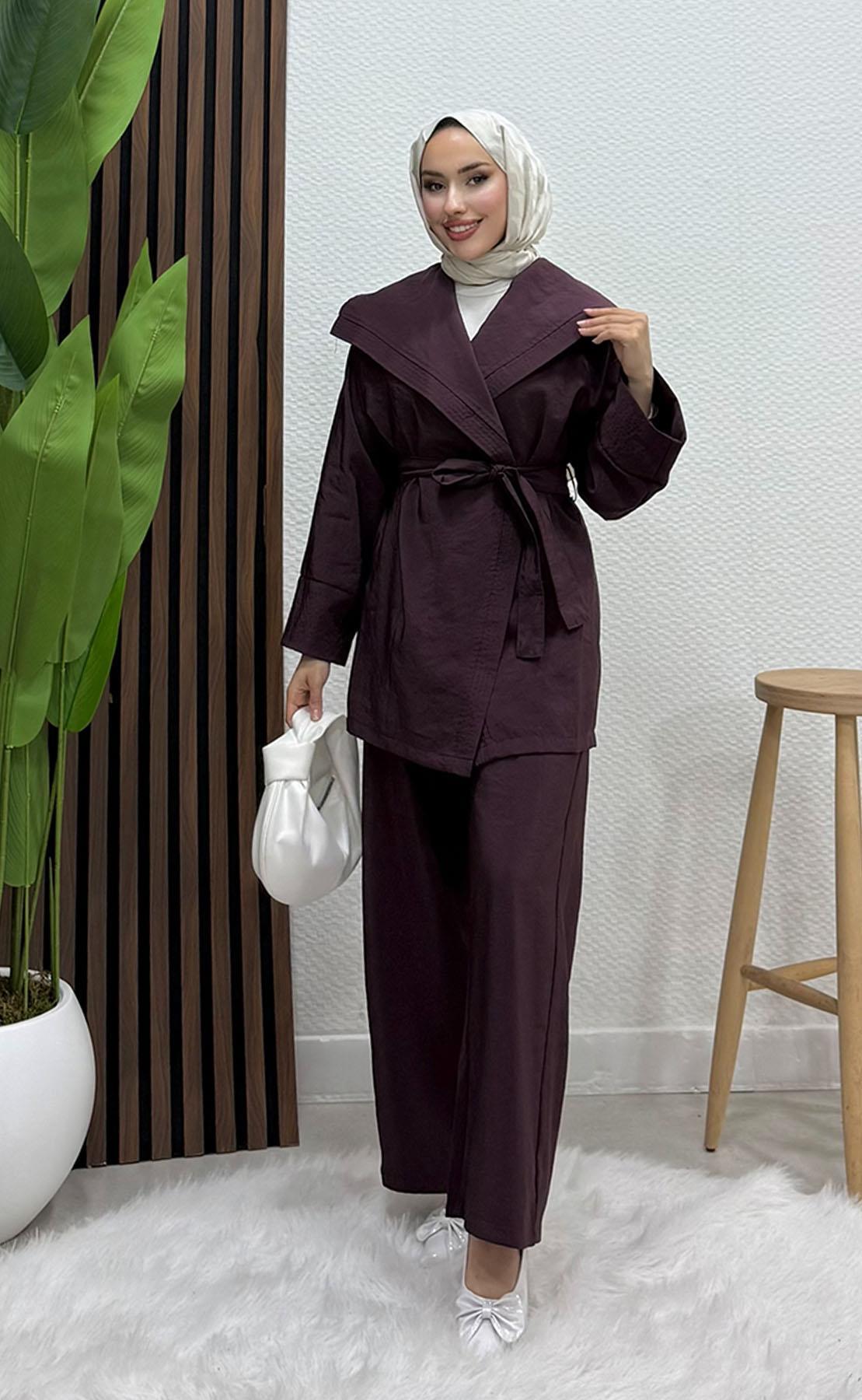 Geniş Yaka Kimono Takım Mürdüm