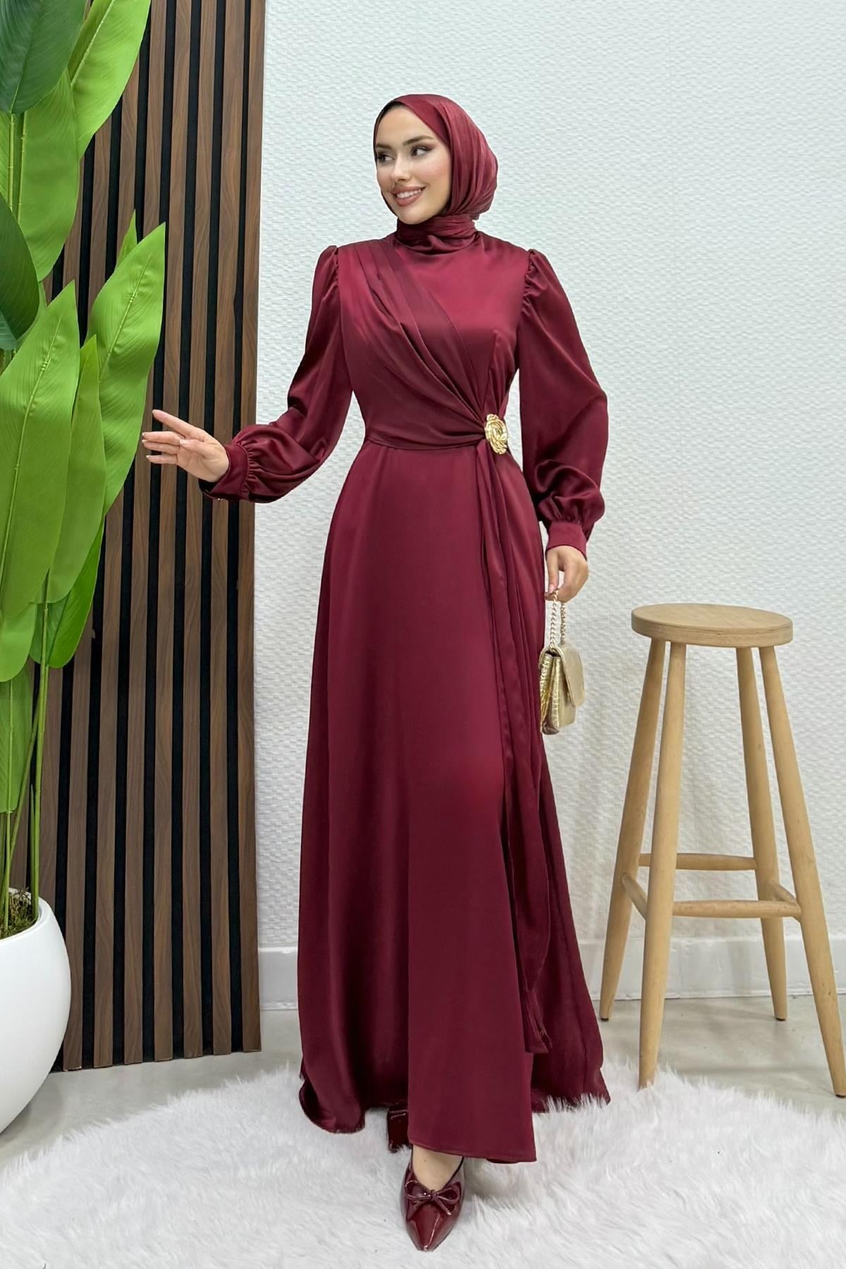 Gül Broş Saten Abiye Bordo