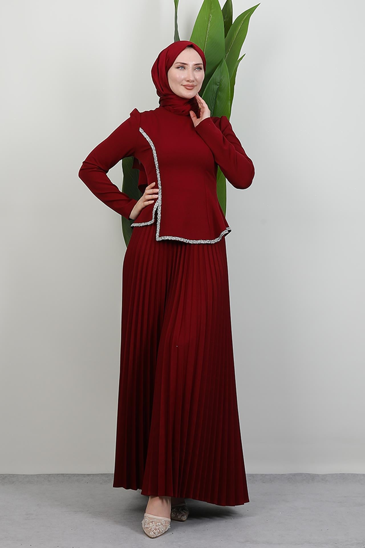 Gül Hanım Etekli Takım Bordo