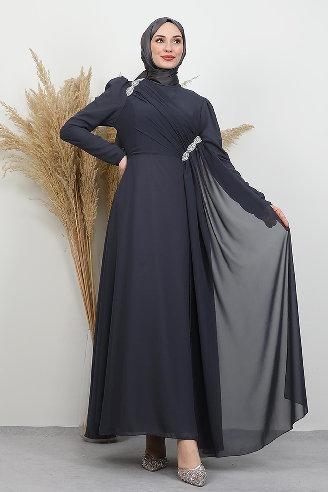 Gülnihal Şifon Abiye Koyu Gri