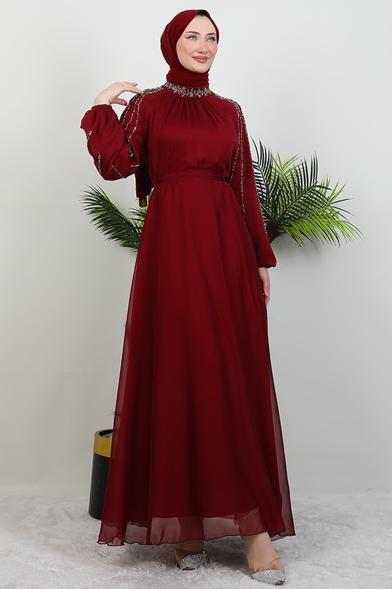 Helen Taşlı Janjan Elbise Bordo