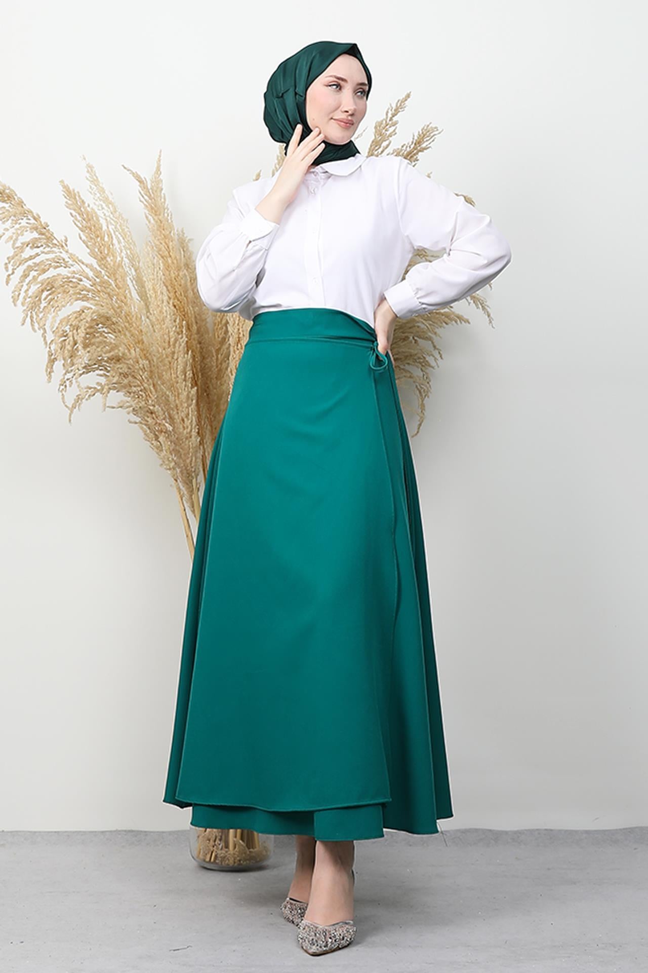İp Detay Krep Etek Yeşil