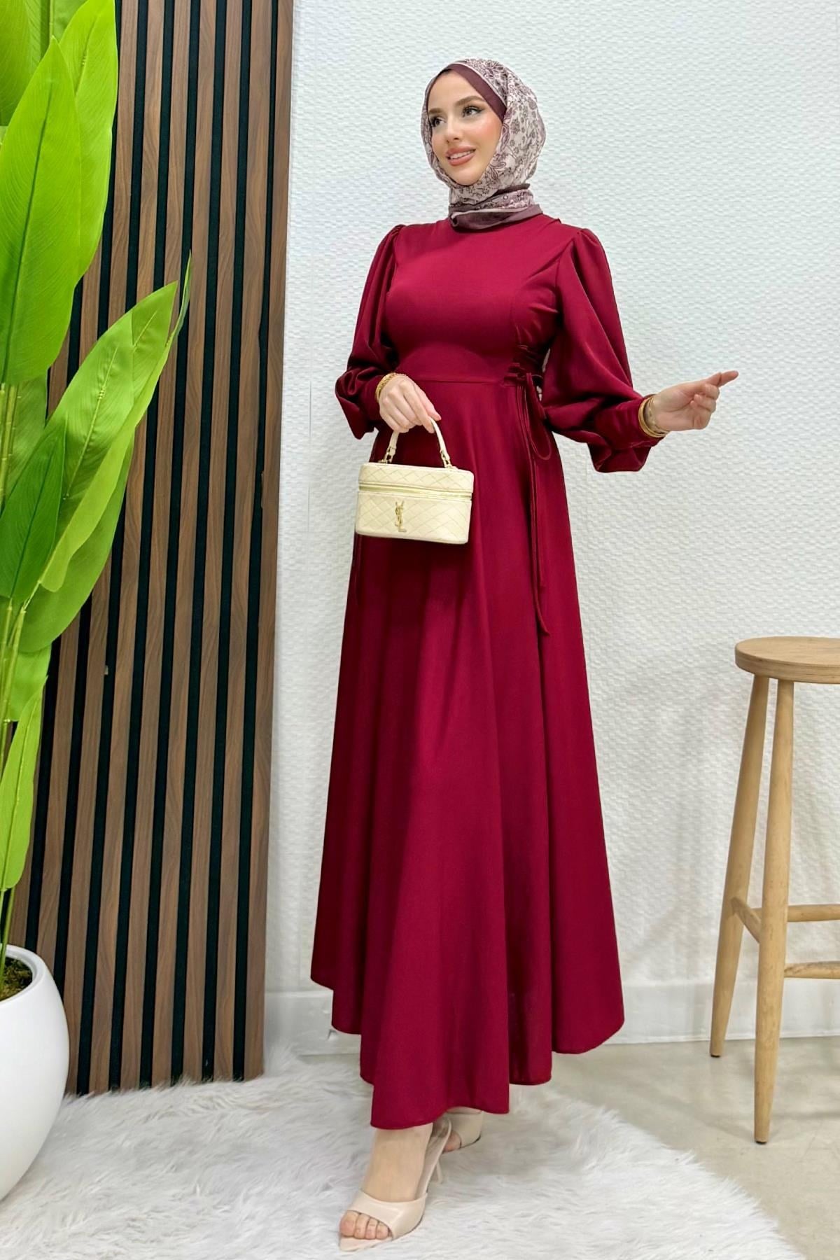 İp Kuşaklı Elbise Bordo