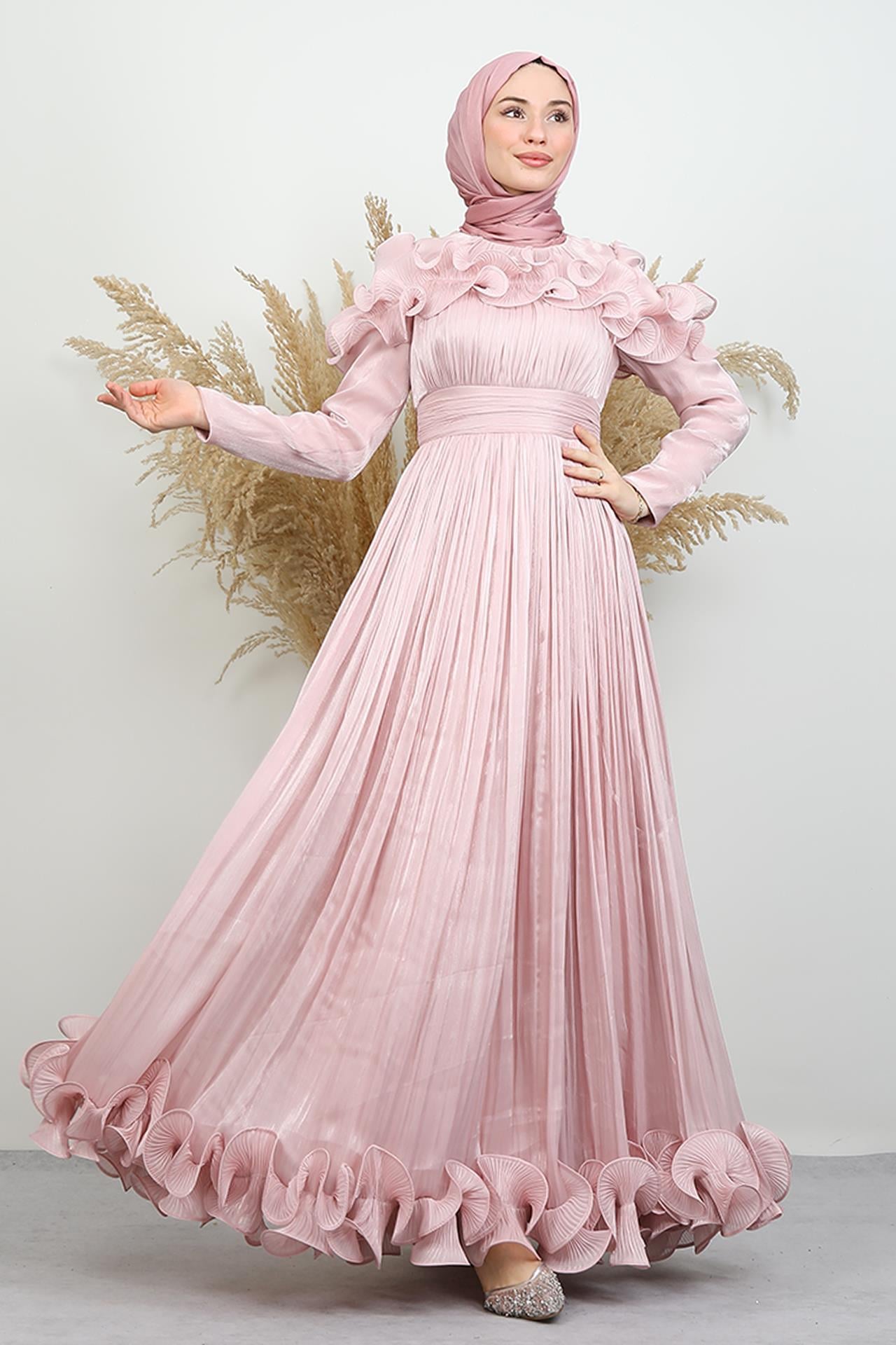 Kabartma Detay Yoryo Abiye Soft Pembe