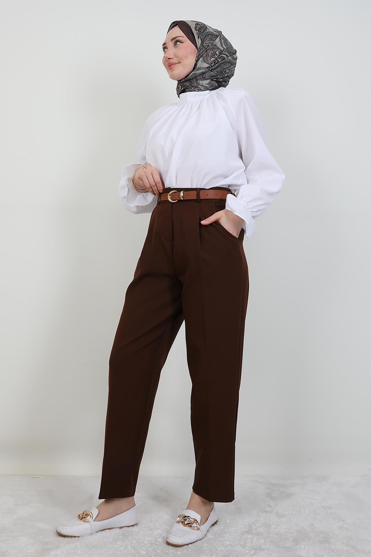 Kemerli Kalem Pantolon Kahve
