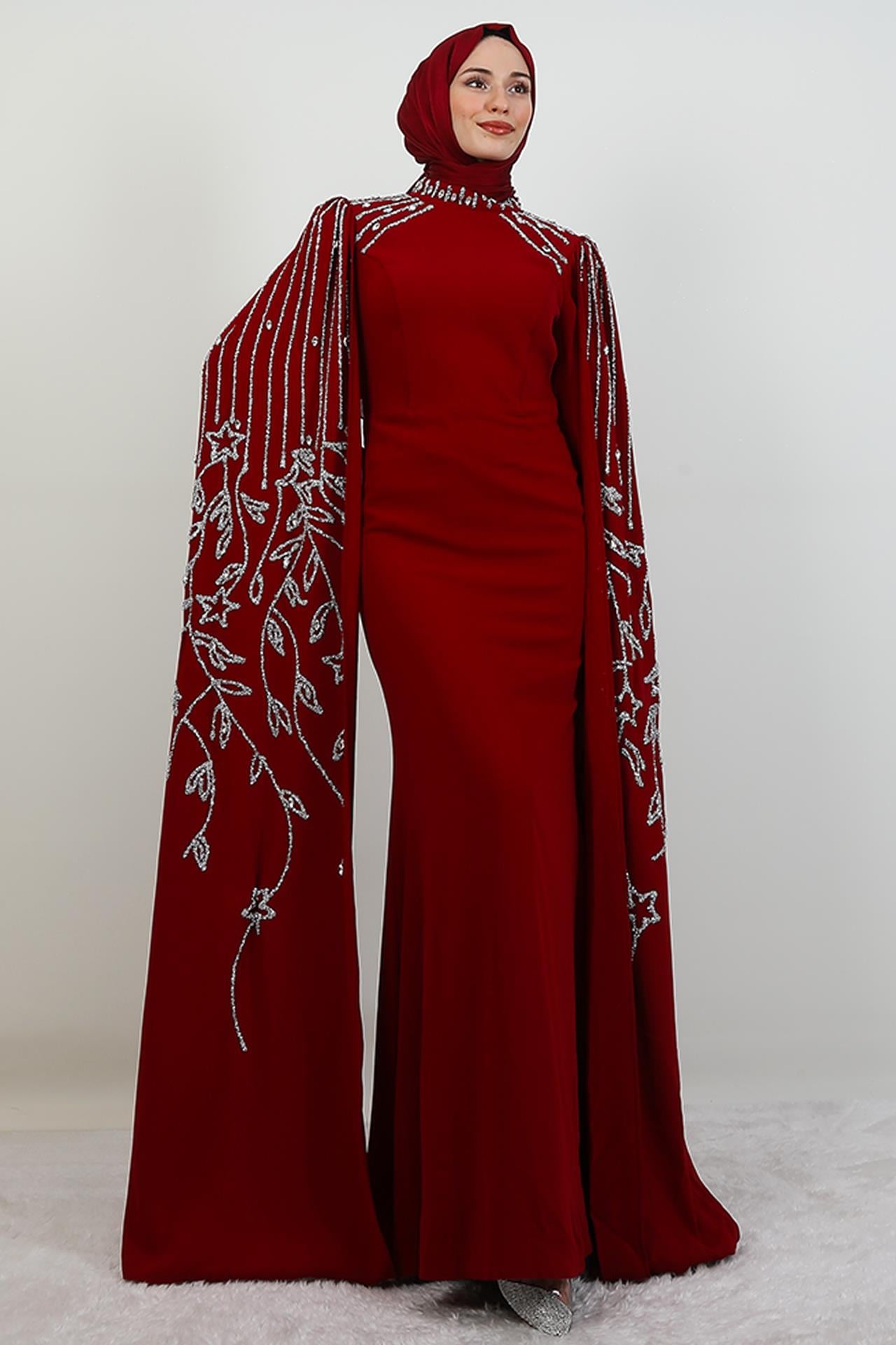 Kolları Taşlı Pelerinli Abiye Bordo