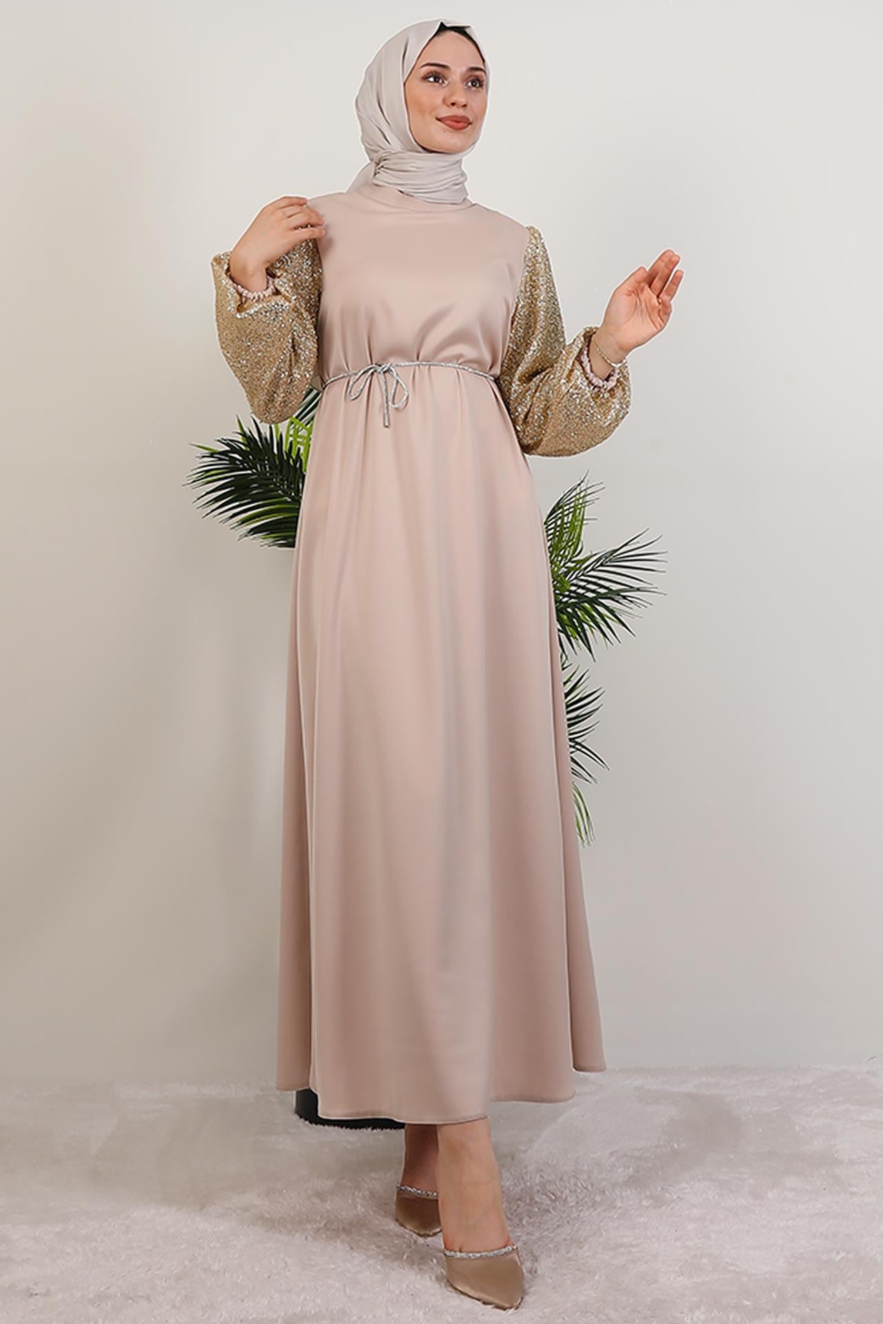 Kolu Desenli Elbise Gold