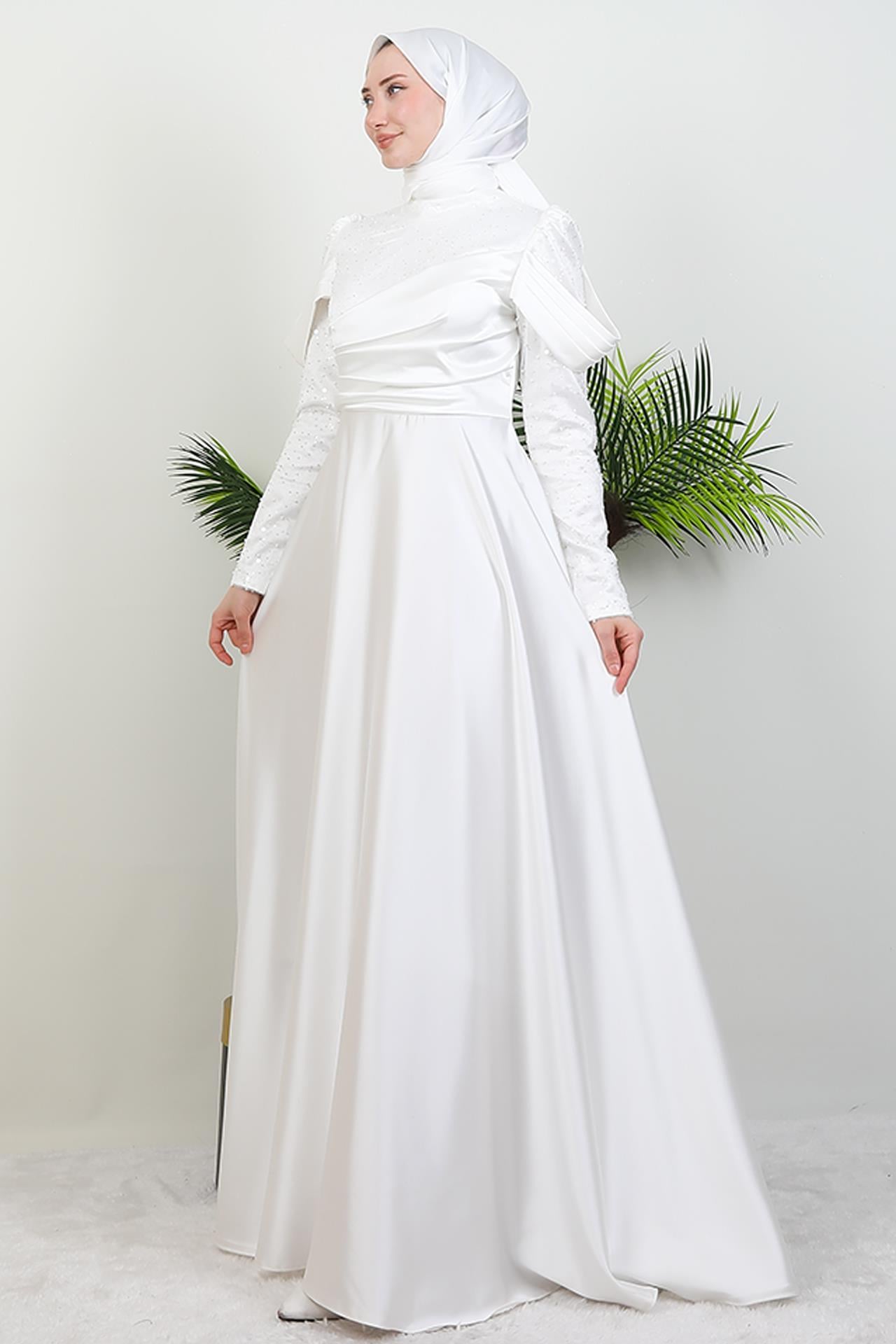 Kolu Drapeli Pullu Abiye Beyaz